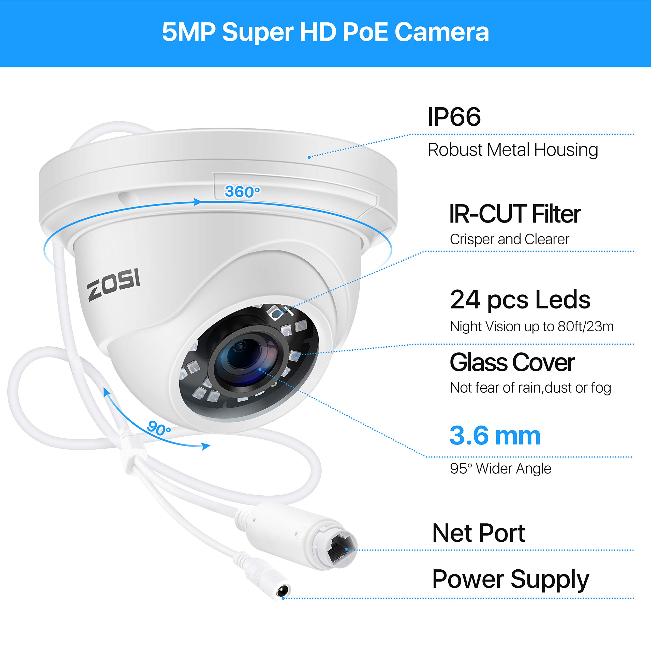 ZOSI H.265+ 8CH 5MP PoE Home Security Camera System with 2TB HDD, 5MP