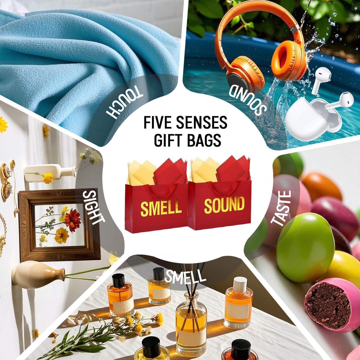 Large 5 Senses Gift Bags for Him Her, Gold Foil Sight Smell Touch Taste Sound Gift Bags,Five Senses Gift Bag for Him with Handles and Tissue Paper for Birthday, Mothers Day, Anniversary, Christmas 12.6 x 8.7 x 4 Inch (Red) image 5