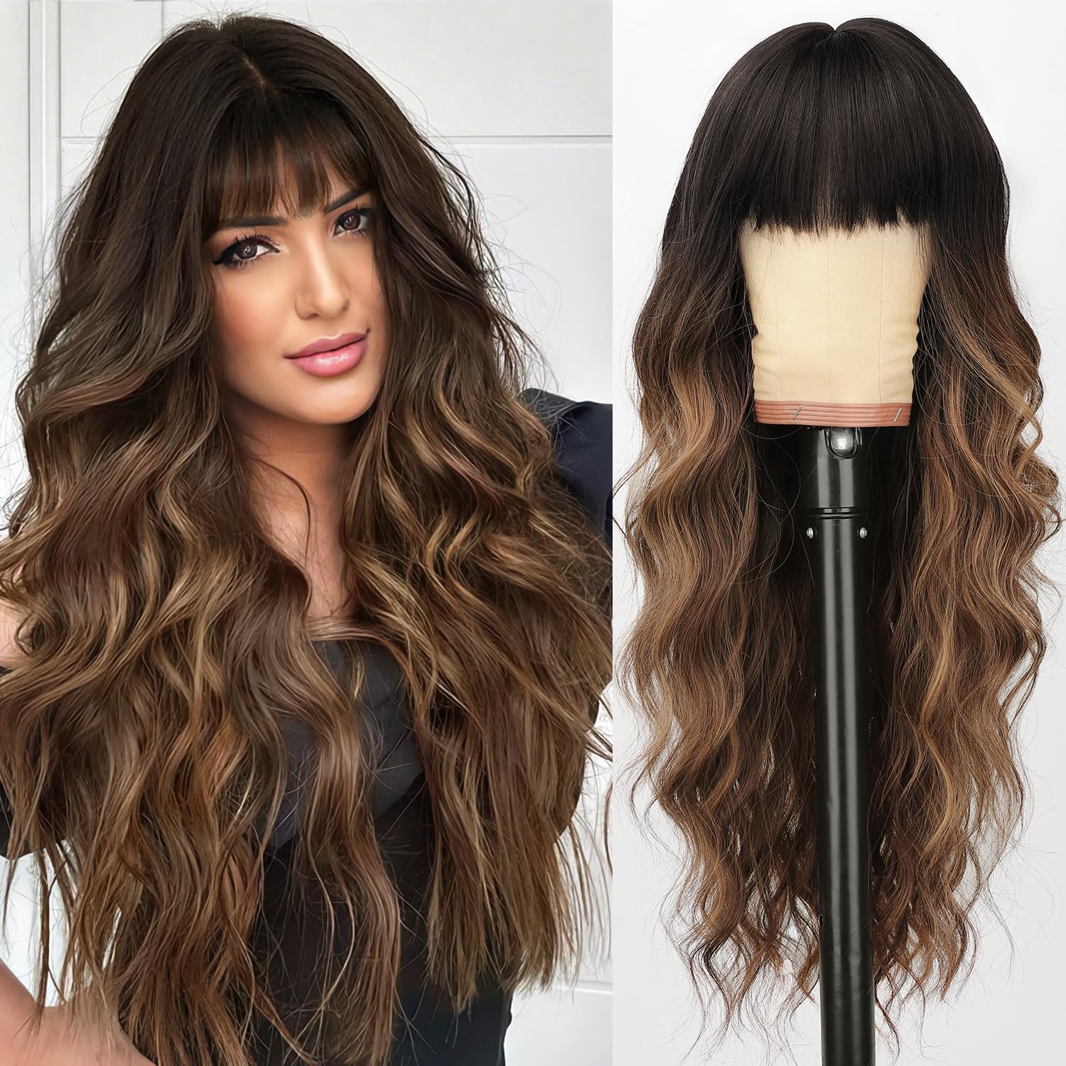 AISI HAIR Brown with Blonde Highlight Wig with Bangs Long Wavy Synthetic Wig for Women with Daily Party Use