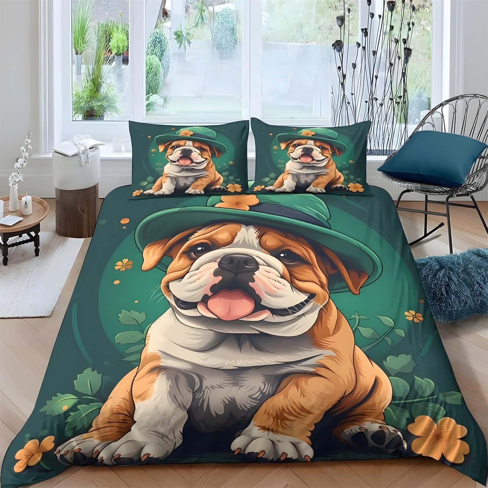 Ypthriline Double Bedding Set Bulldogs Bedding Set Microfiber Green Duvet Covers with Pillowcases Reversible Bedding With Zipper Closure 200x200CM