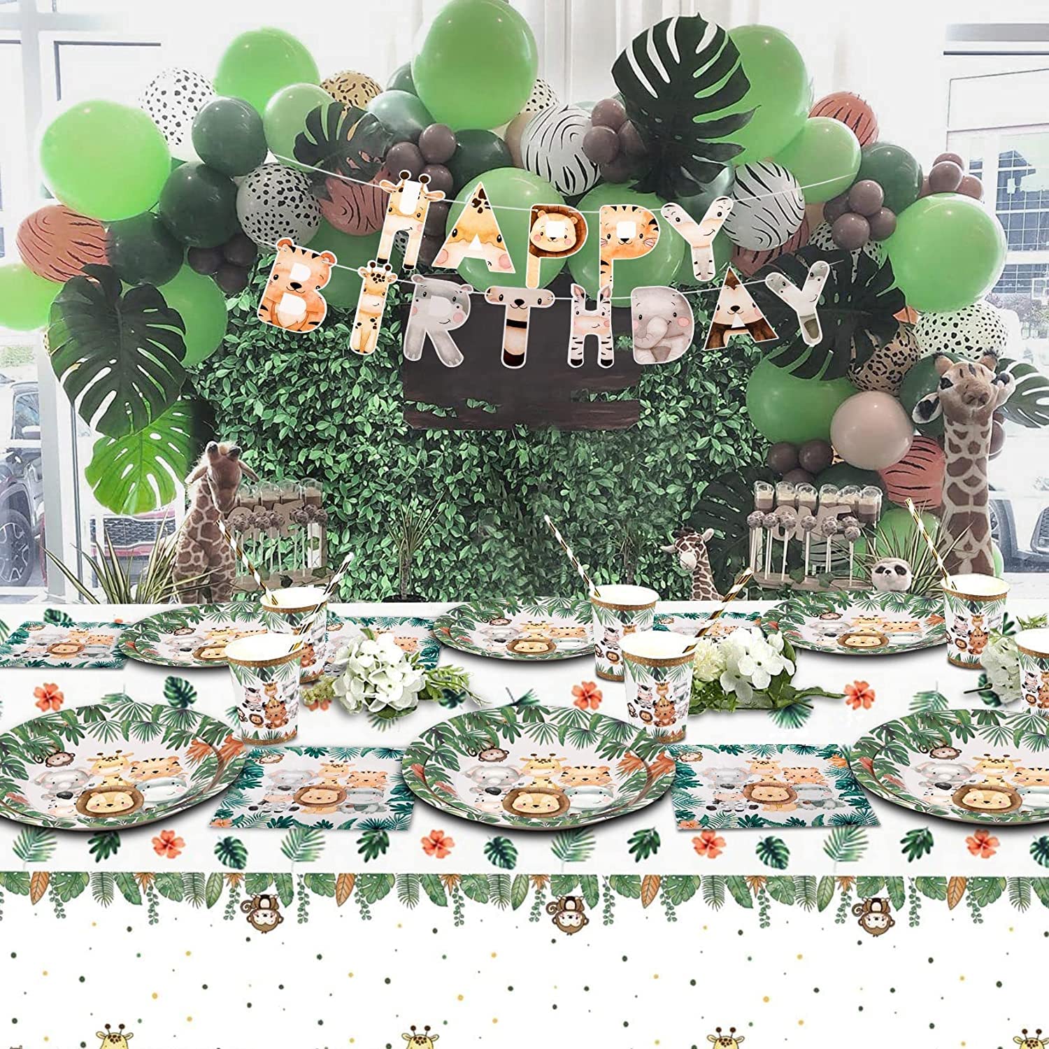 Yosemy Giungla Safari Set di Stoviglie di Carta Usa e Getta per 25 Ospiti - 127 Pezzi Con Piatti, Tovaglioli, Cannucce per Wild One Decorazione di Compleanno Verde