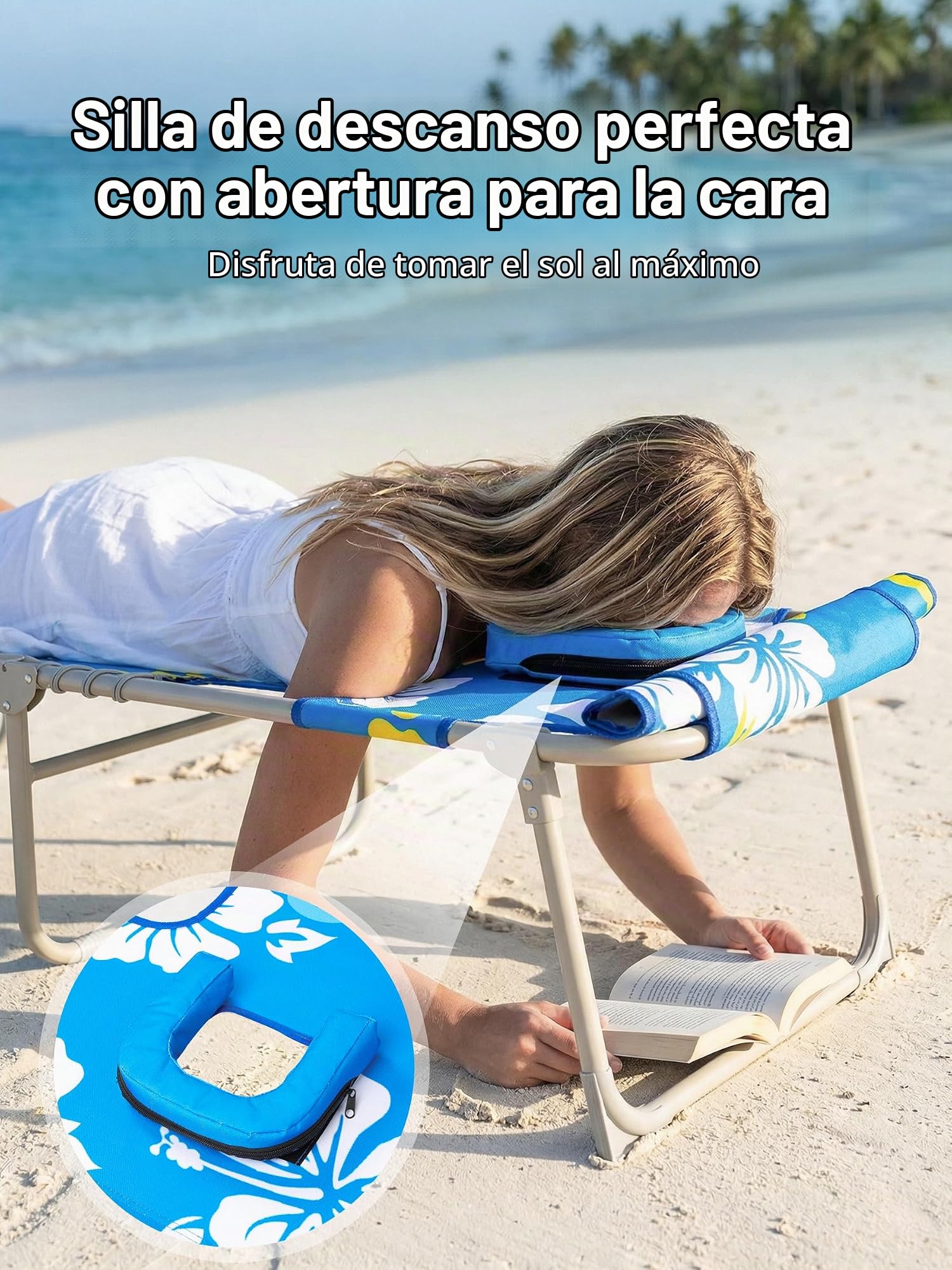 LanBlu Tumbona Playa Plegable con Apertura para la Cara, 3en1 Tumbonas Jardin Exterior con Almohada&Bolsillo Lateral, 5 Posiciones Regulables Tumbona Plegable, Hamacas Jardin Tumbonas para Campamento