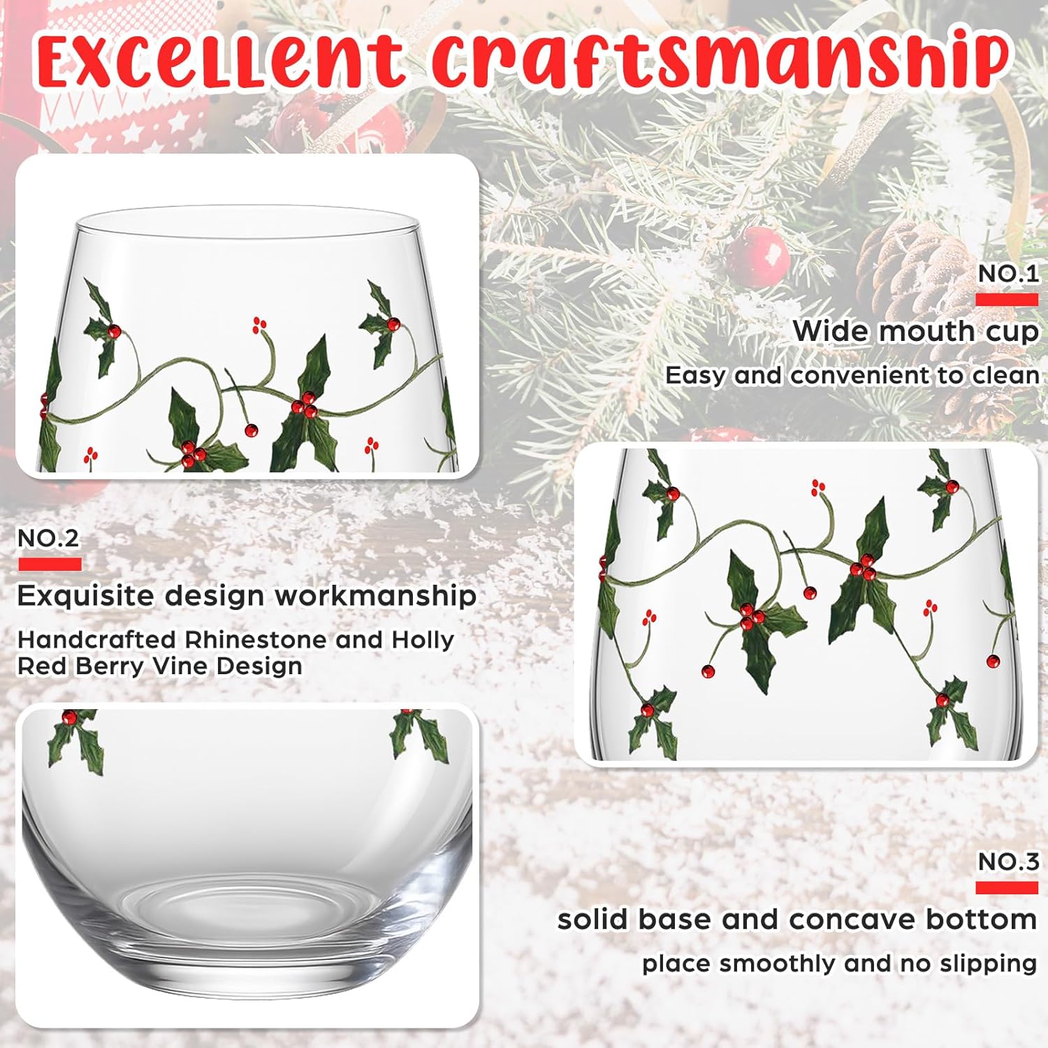 Vesici 4 Pcs Christmas Stemless Wine Glasses 19 oz Winter Leaf and Red Berry Wine Glasses Christmas Drinkware Set Xmas Birthday Gifts for Xmas Festive Party Supply - Image 5