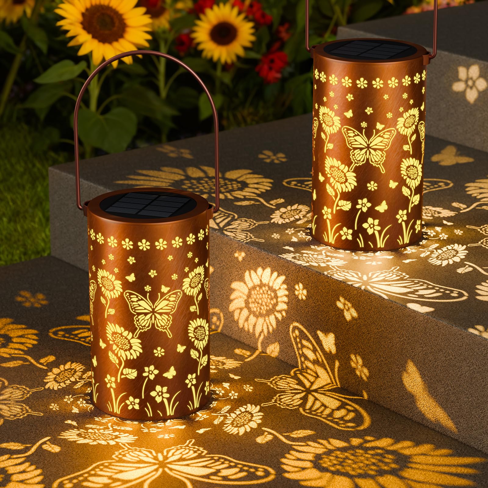 Lanterne solari impermeabili per esterni, lanterna decorativa con motivo girasole e farfalle, per giardino, patio, cortile, regalo da donna per proprietari di case e coppie, confezione da 2
