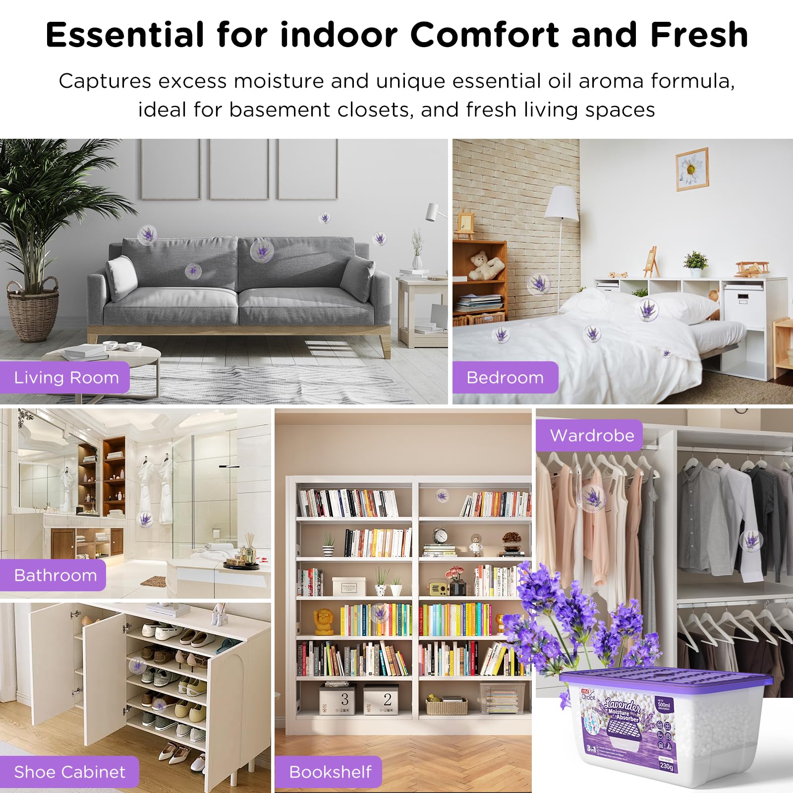 W&E Choice Assorbitore di umidità, deumidificatore profumato alla lavanda, per la casa, scatole assorbitori di umidità portatili per bagno, armadio e auto, confezione da 12 pezzi