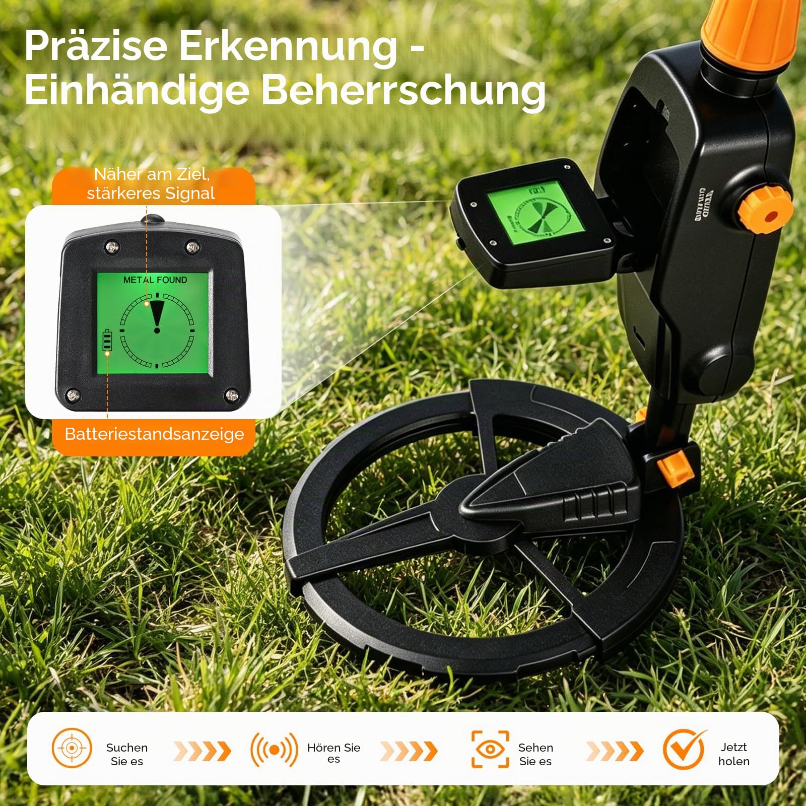 Metalldetektor für Kinder, IP68 wasserdichte und Leichte Metalldetektoren mit LCD und Schallanzeige, Hohe Empfindlichkeit Kinder Metalldetektor mit Schaufel für Schatzsuche (Schwarz)