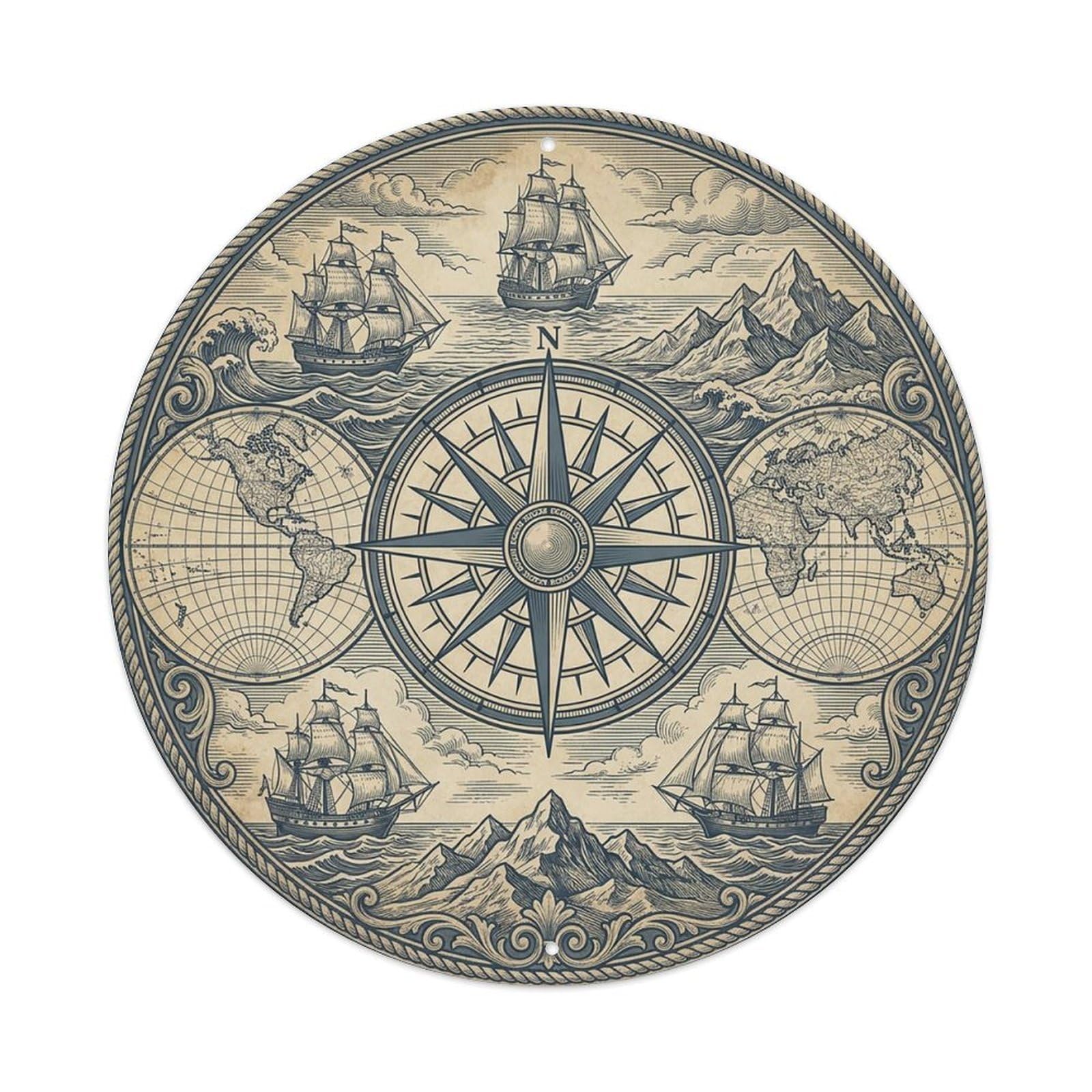 Vintage Nautical Compass World Map Angle Legacy Metal Tin Sign
