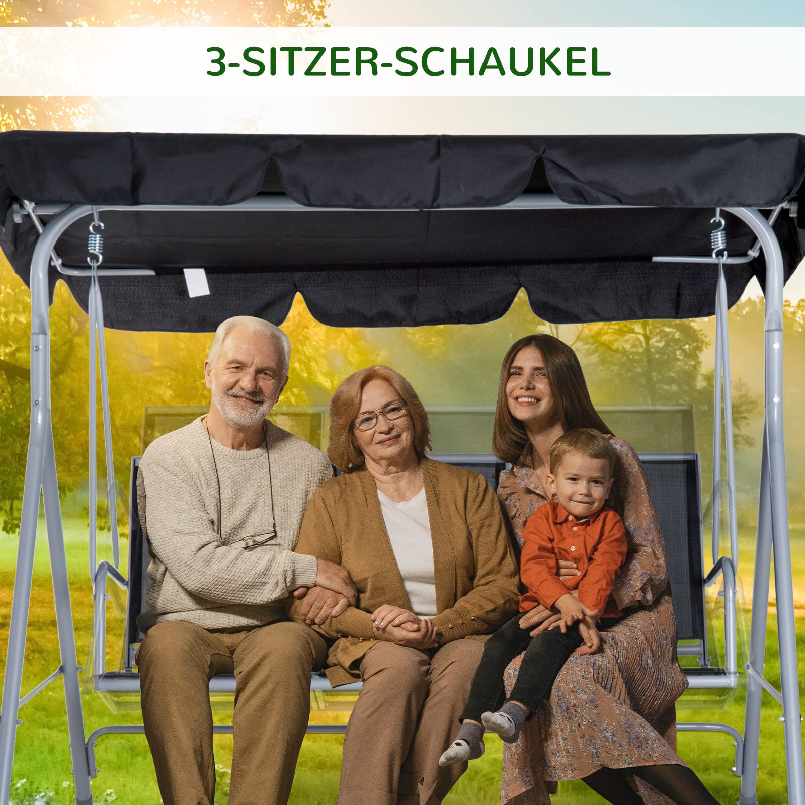 Outsunny Hollywoodschaukel mit verstellbarem Sonnendach, 3-Sitzer Gartenschaukel mit Anti-Rutsch-Füßen, Schaukelbank belastbar bis 240 kg, Gartenliege für Garten, Terrasse, 171x108x154cm, Schwarz