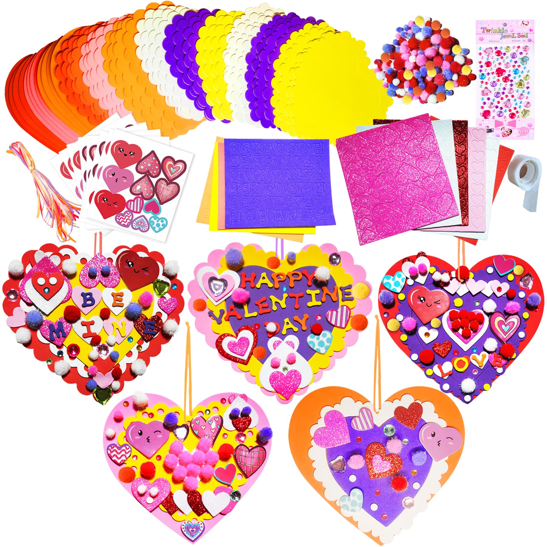 MLOLM 24 Sets Valentines Hearts Foam Craft Kits DIY Heart Ornaments Valentine Craft Kits with Foam Hearts Stickers Glitter Pom-Poms for Valentine Activity Gift Exchange Art Project Supplies