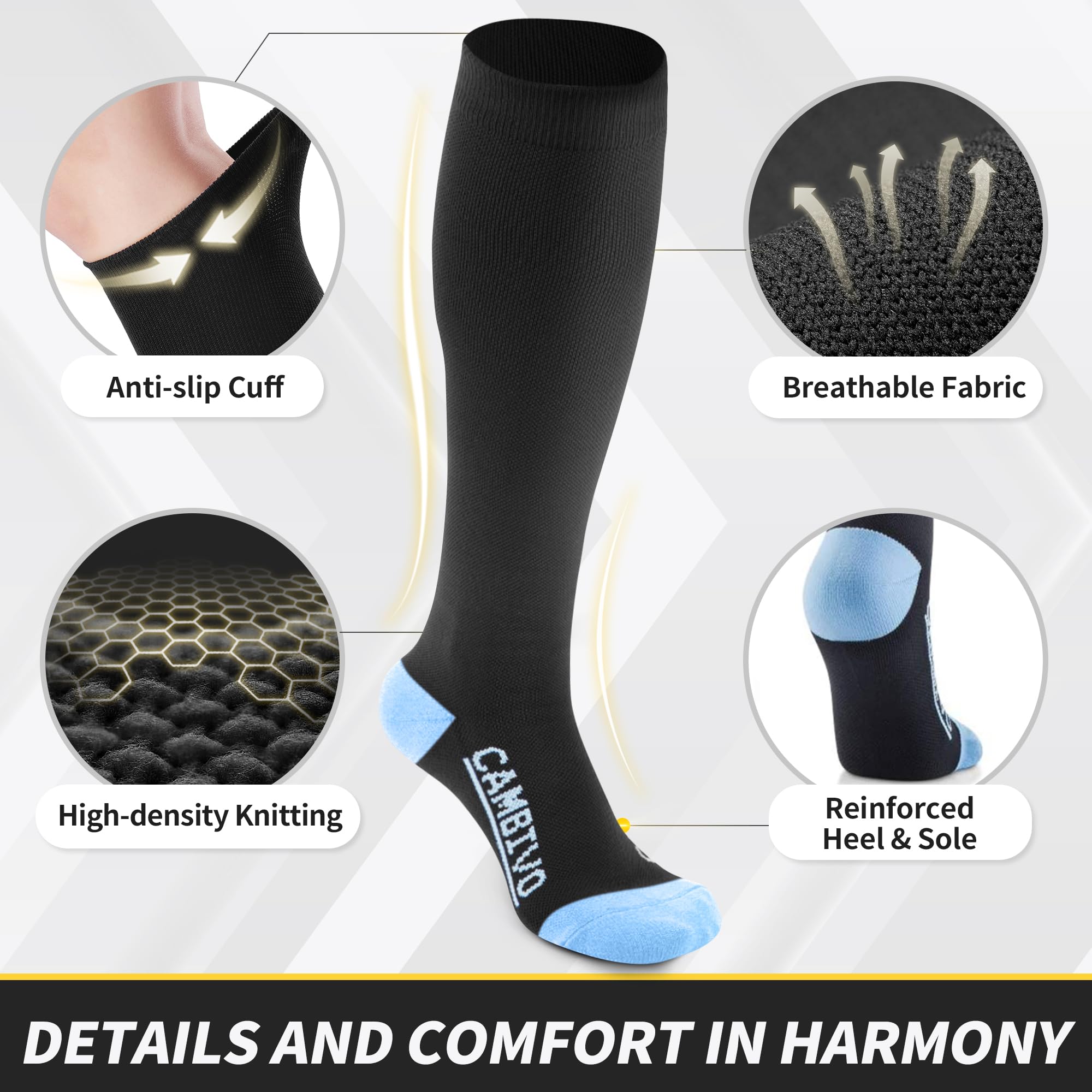 CAMBIVO 6Paires Bas de Contention Femme Homme, Chaussettes de Contention 20-30mmHg, Chaussettes Hautes Montantes, pour Circulation Sanguine Jambes, Sport, Course a Pied, Voyage Avion, Infirmiere