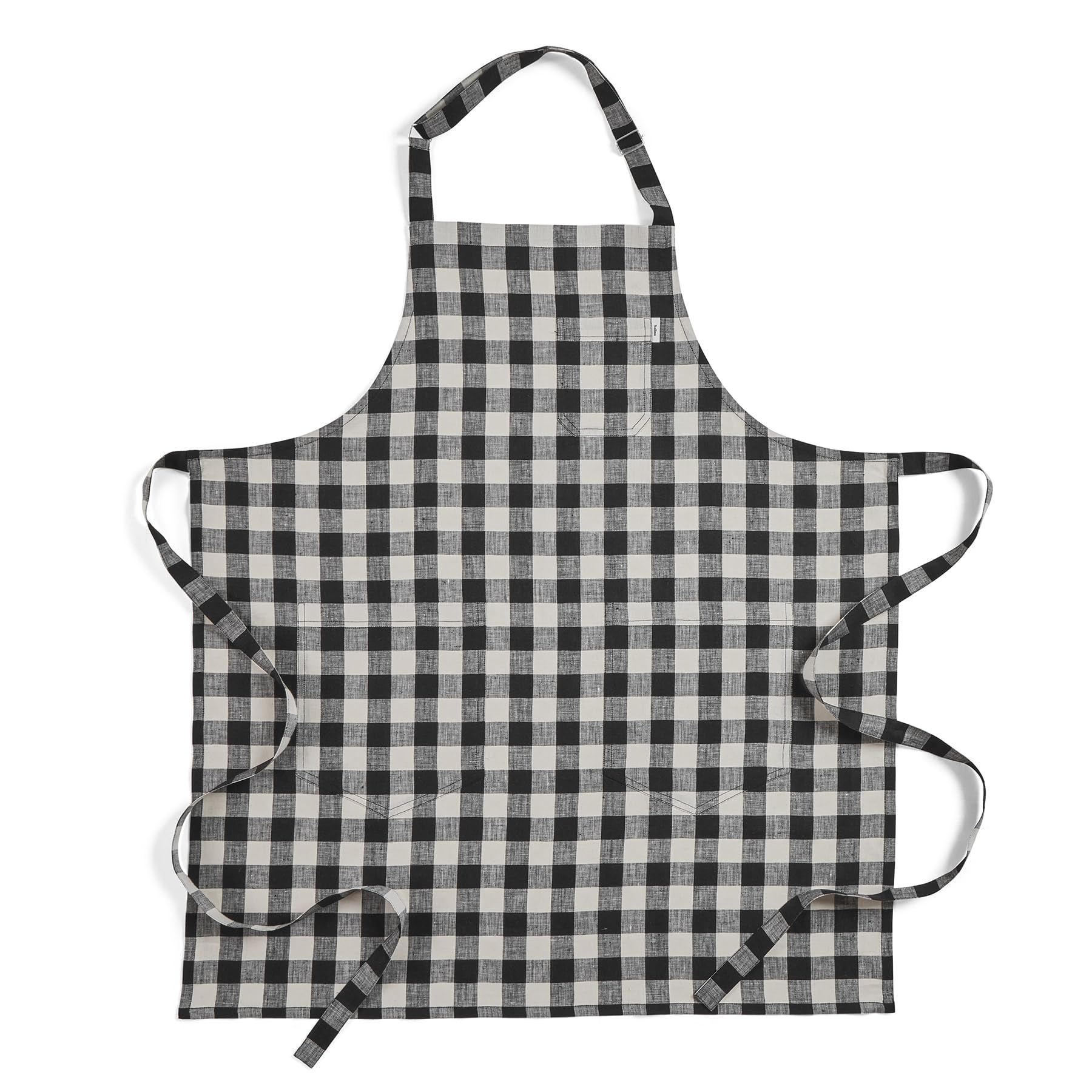 Solino Home Linen Bib Apron for Men & Women - Black and Cream Check Kitchen Apron with Front Pockets - Handcrafted from European Flax - 33" L x 30" W