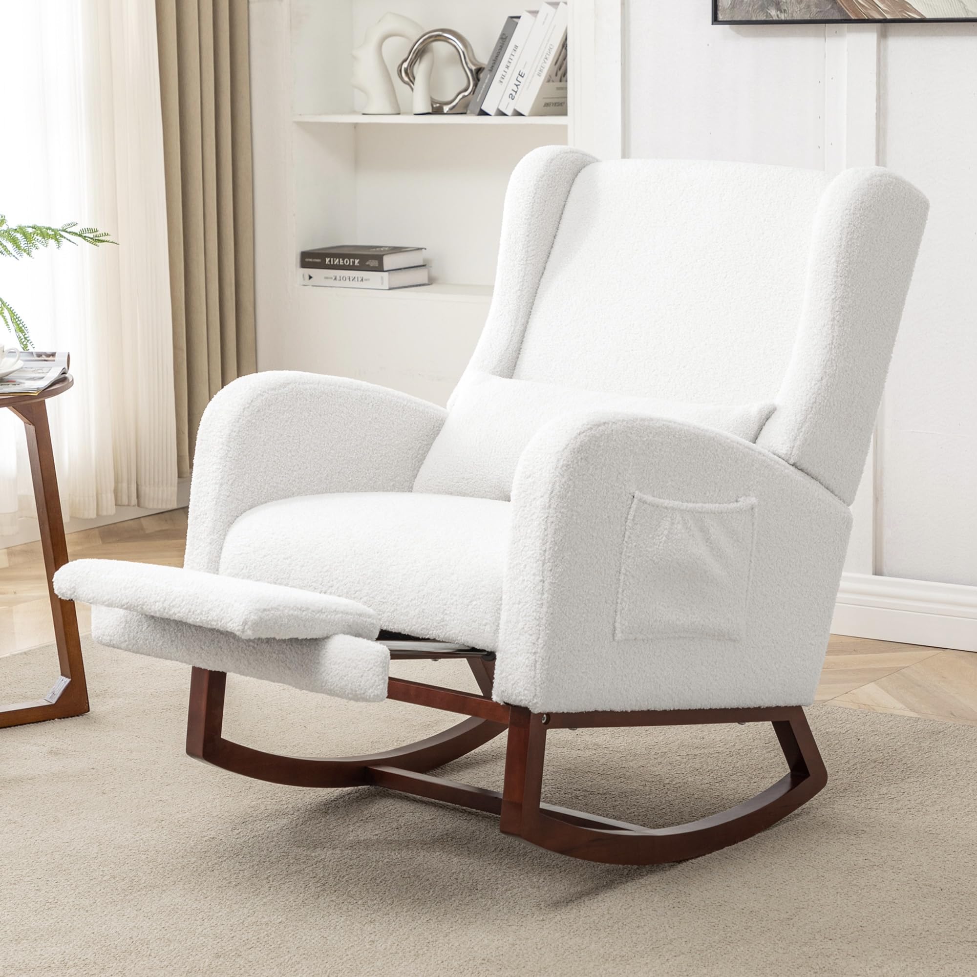 YUUIJOAA Rocking Chair Nursery with Footrest,Teddy Upholstered Glider Chair,Rocker Nursery Chair with Side Pocket, Glider Rocker, Accent Reading Chair for Living Room, White
