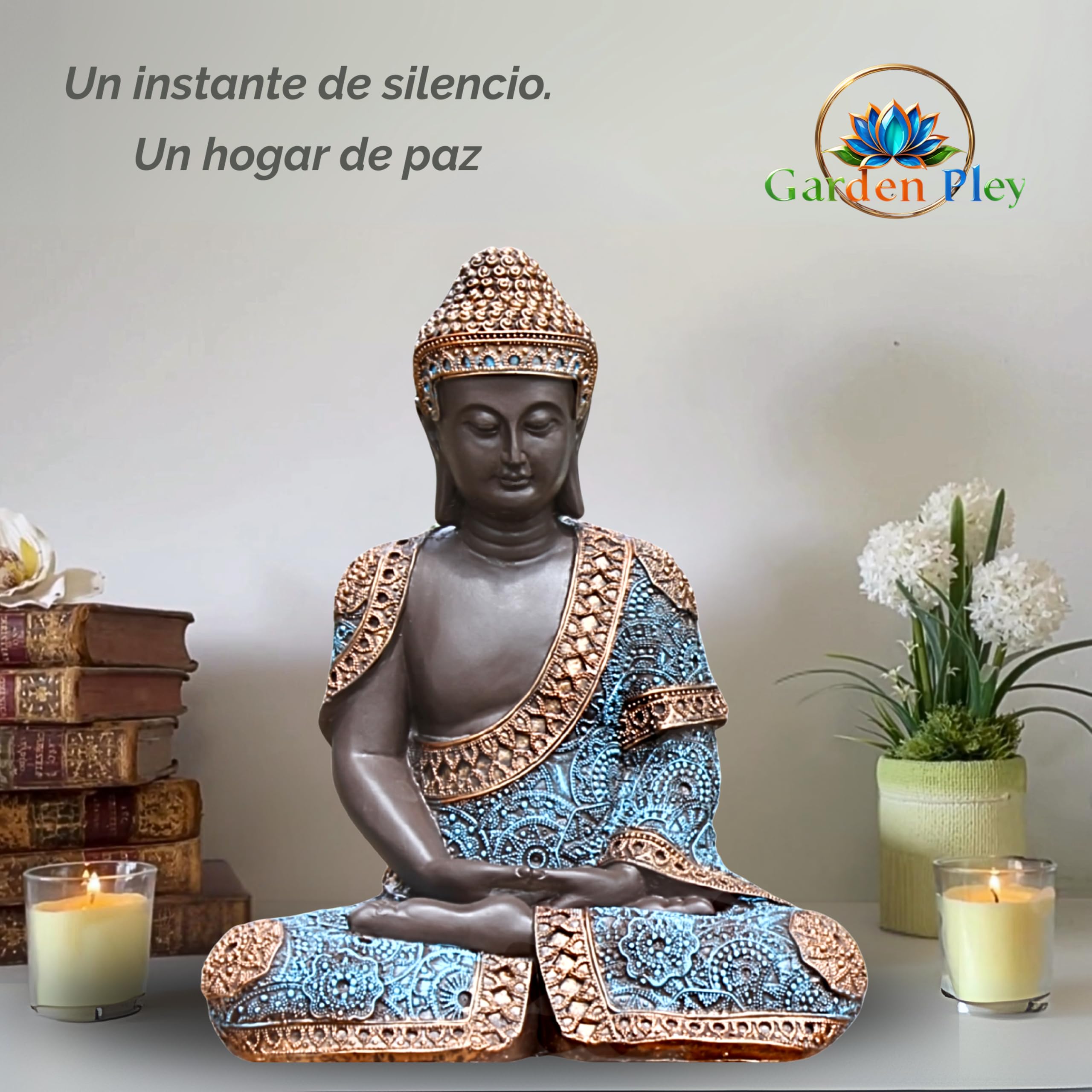 Buda de la Suerte, 41 cm (Celeste) – Budas Decorativos Grandes de Piedra Artificial para Decoracion Jardin Exterior, Figuras Jardin Exterior y Estatuas Decorativas Grandes.
