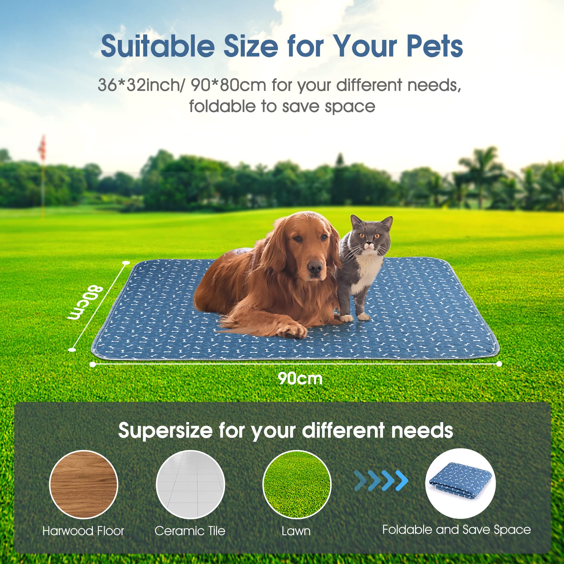 2 Pezzi 90 * 80CM Tappetini Assorbenti per Cani,Tappetini per l'addestramento dei Cuccioli Lavabili e Riutilizzabili, Impermeabil Tappetini ，Design a 4 Strati Morbido/Super Assorbente-blu