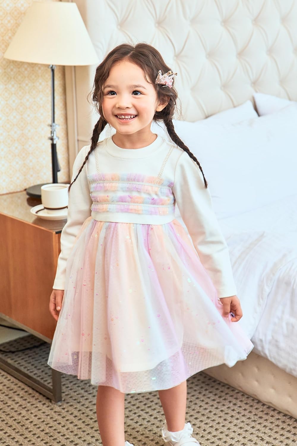Girls Rainbow Tulle Princess Dress, Long Sleeve Sequins Party Dress, Pastel Colors Tutu Skirt, Special Occasion - Image 5