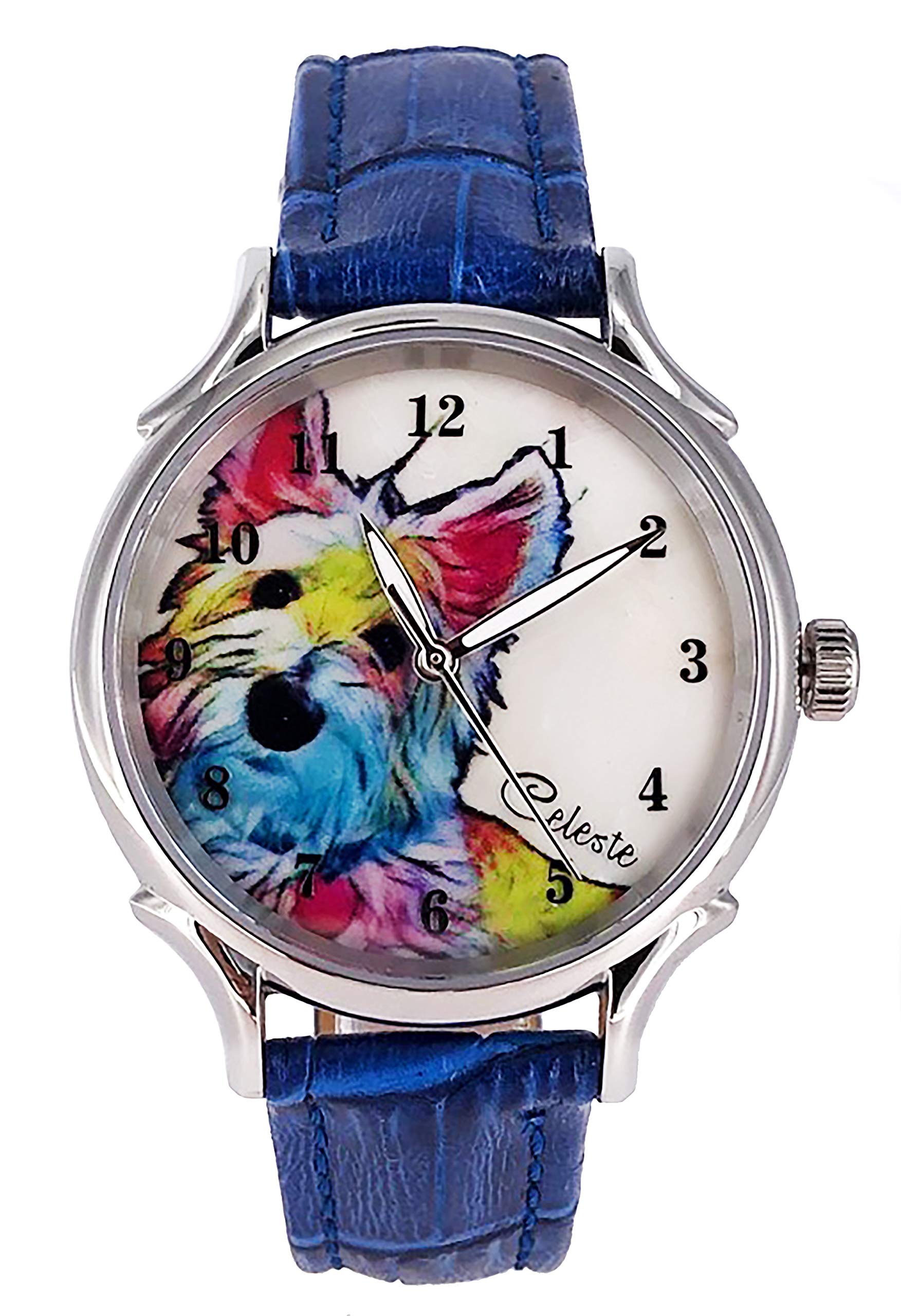Celeste Westie West Highland White Terrier Dog Pet Watch 35mm Pop Art Multicolor Rainbow Blue Calfskin Strap