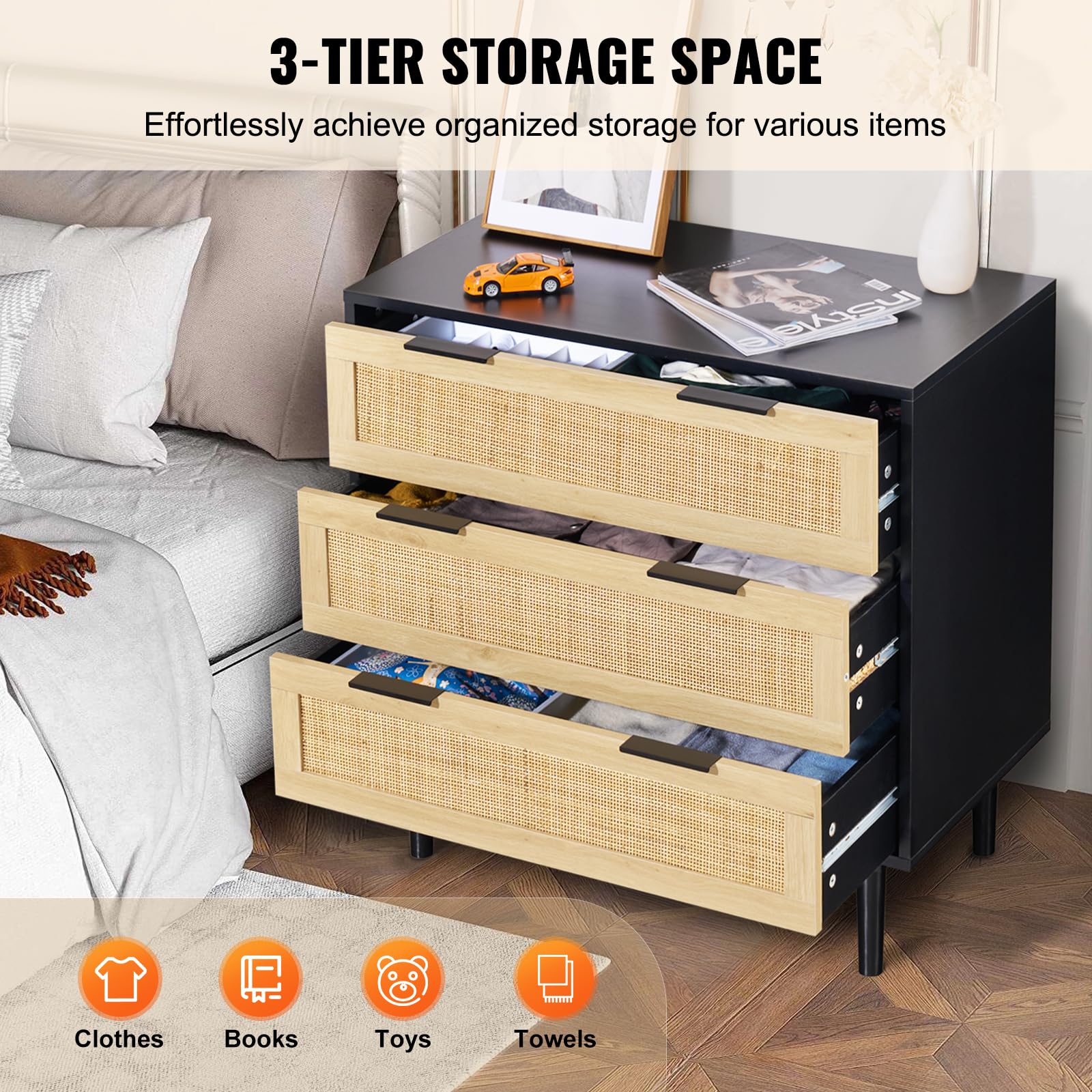 VEVOR Cassettiere in Legno di Rattan Naturale con 3 Cassetti, Moderna Cassettiera in Legno per Vestiti e Contenitori Boho con Maniglie e Gambe Robuste, per Camera da Letto Soggiorno e Corridoio