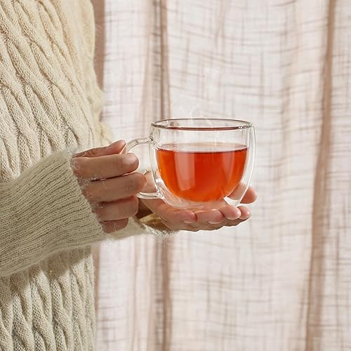 Miniatura 7 de CNGLASS Tazas de cristal de doble pared de 8.1 onzas, taza de café de vidrio aislado transparente con asa para expreso, café con leche, té, juego
