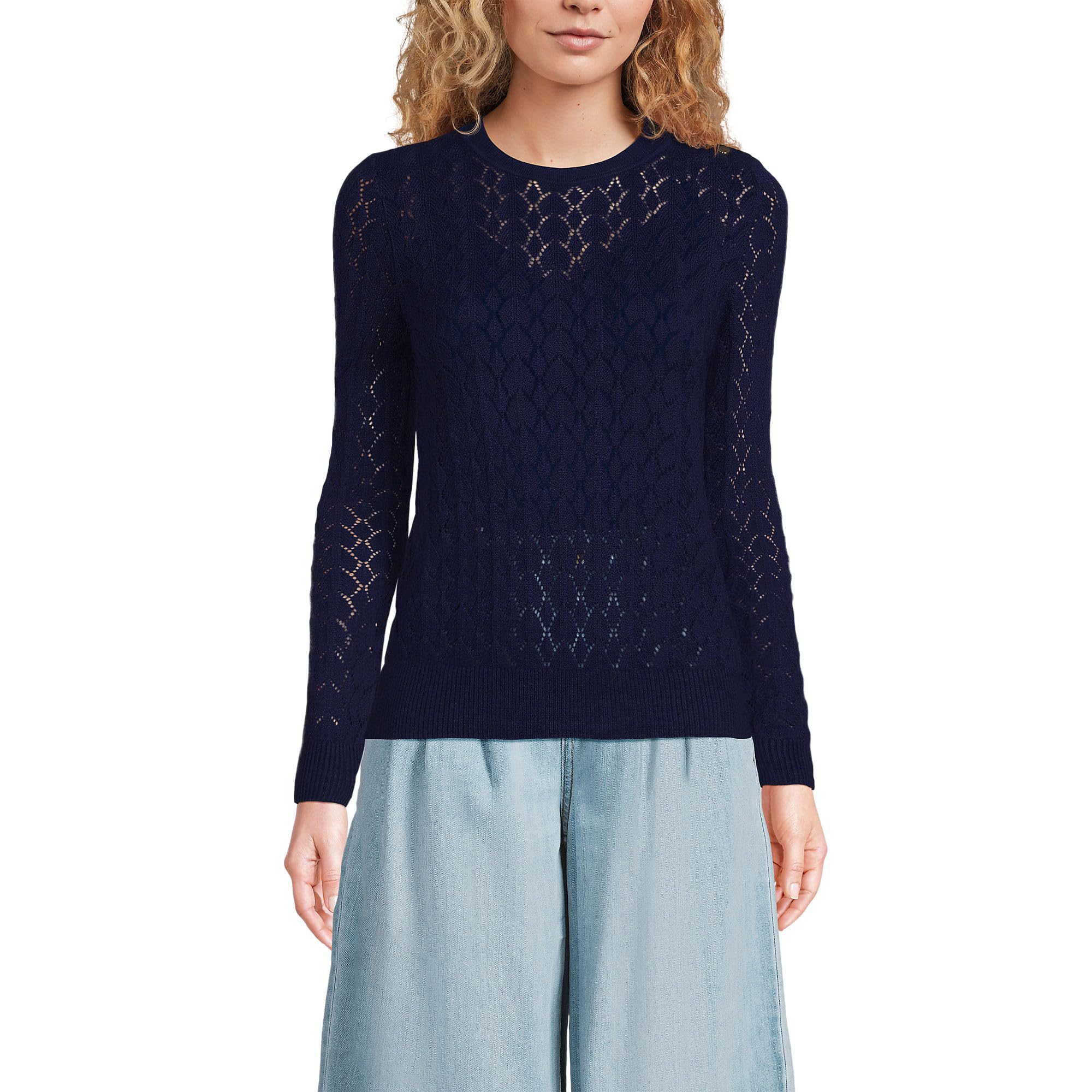 Lands End Womens Cotton Viscose Button Shoulder Modern Crew Sweater