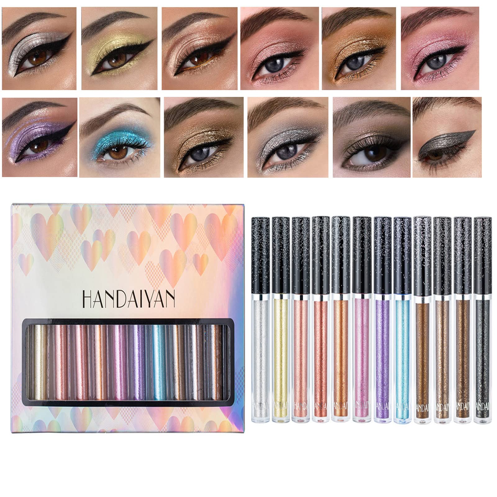 12 colores Juego de sombras de ojos líquidas con brillo metálico, juego de sombras de ojos ahumadas a prueba de agua, kits de maquillaje de ojos con brillo de secado rápido y larga duración