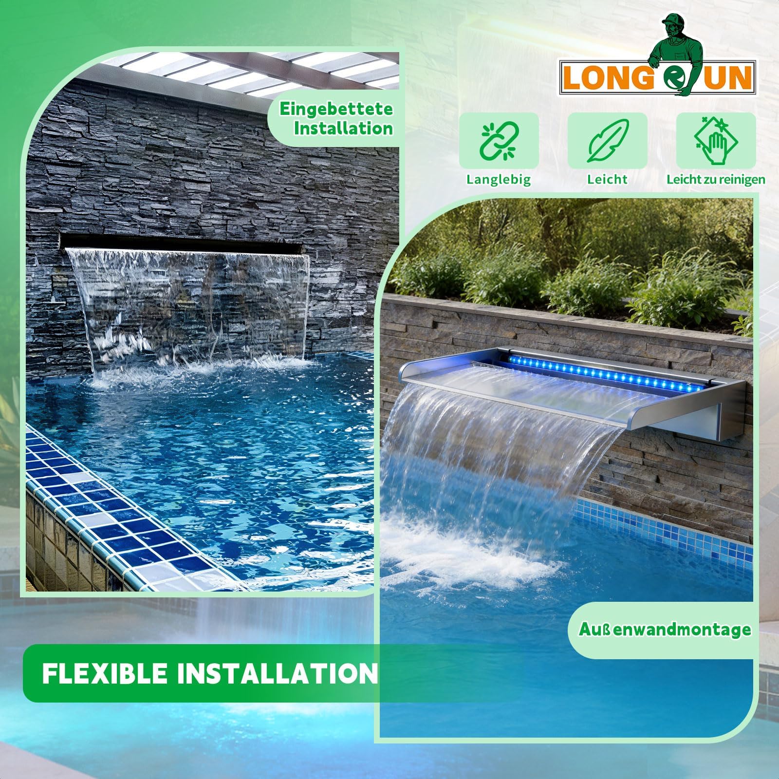 LONGRUN Hoja curvada de cascada para estanque de 30 cm con luz LED RGB Bluetooth, kits completos de cascada y flujo de acrílico, sin placa de cubierta