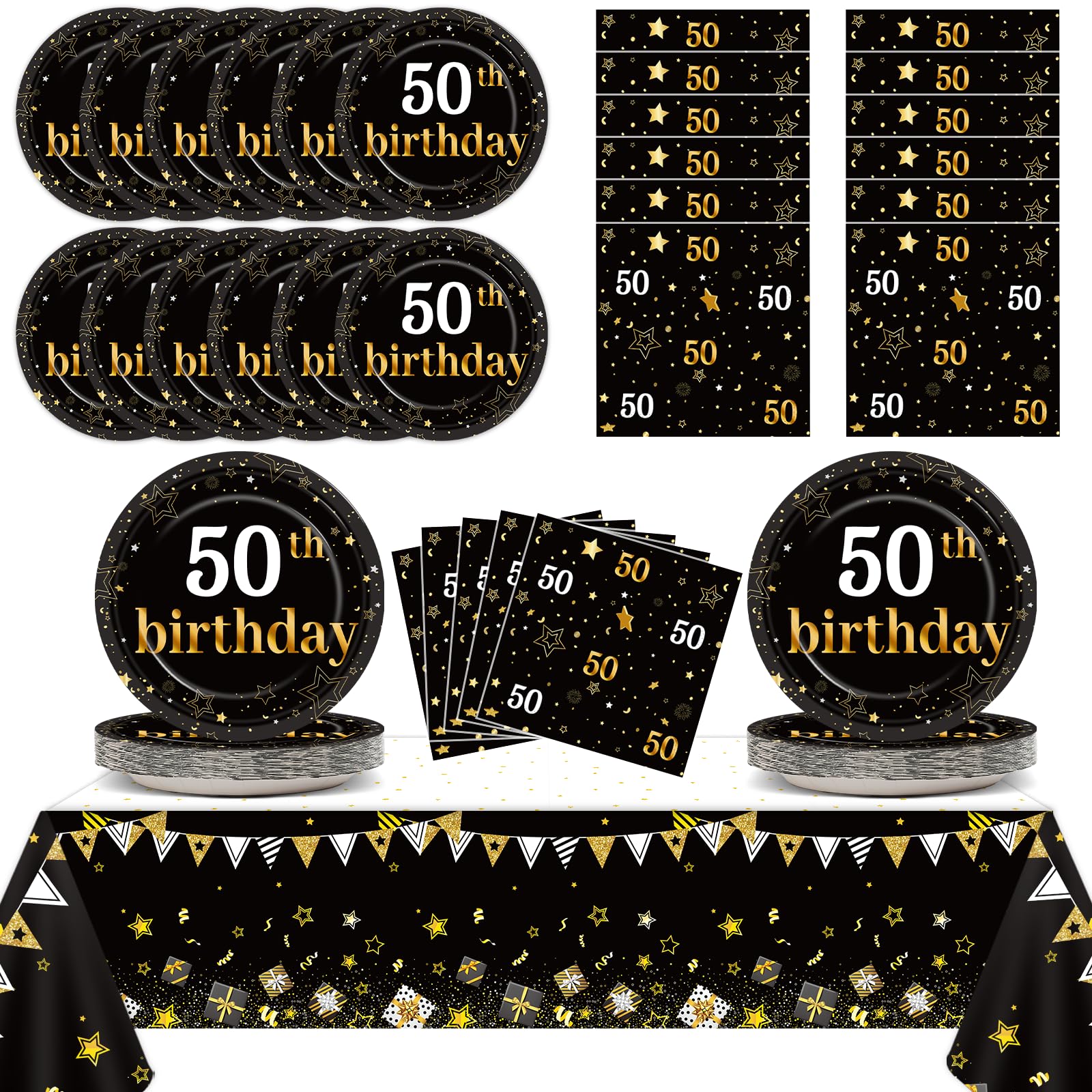 50th Birthday Party Supplies Serves 24 Black and Gold 50 Years Old Party Paper Plates Napkins Cheers to 50 Years Decorations Tablecloth Set Tableware Kit for Man Retirement Graduation