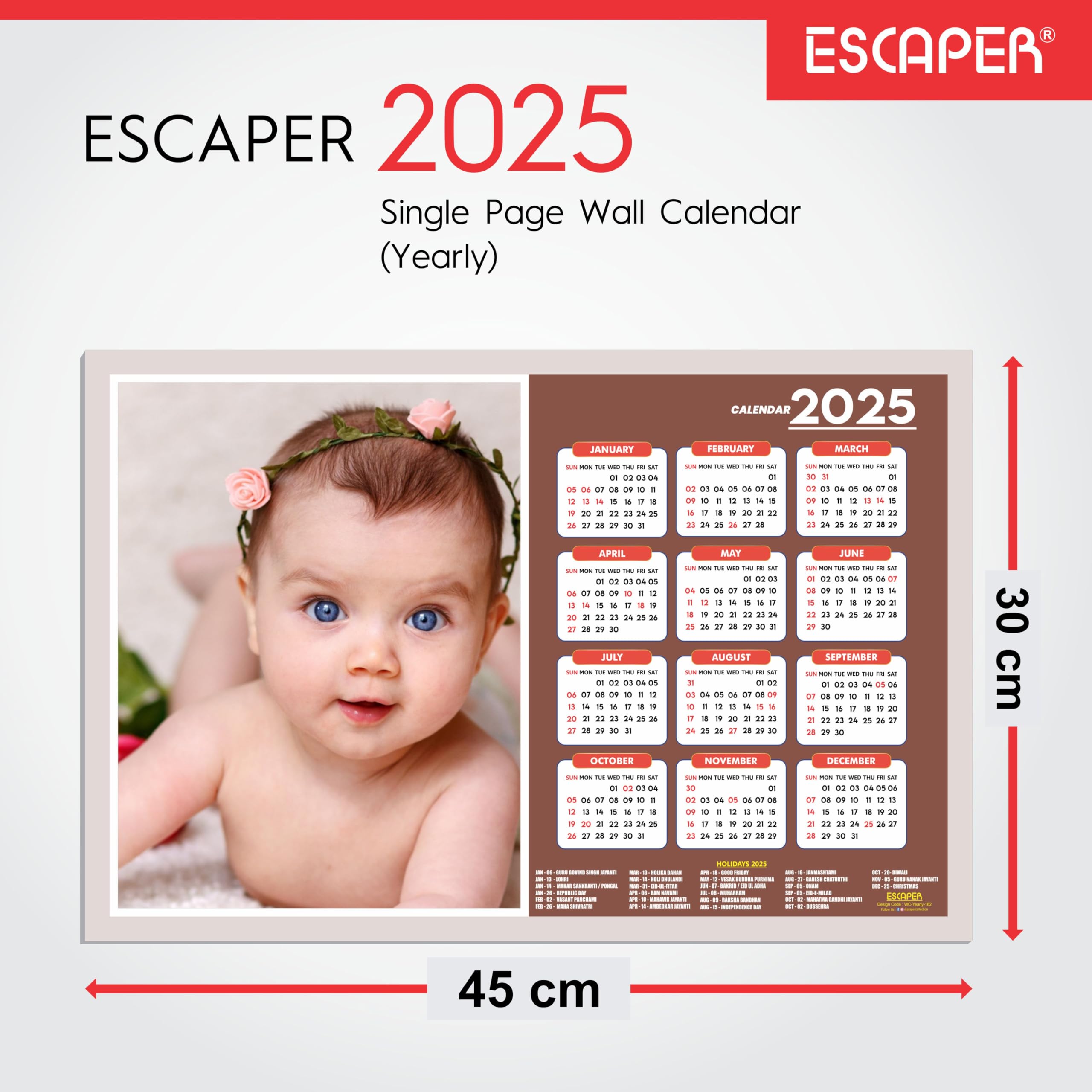 ESCAPER Calendario da parete 2025 per donne incinte (45 x 30 cm), foto di bambini da appendere, calendario da parete 2025 per donne incinte, immagini di bambini per donne incinte
