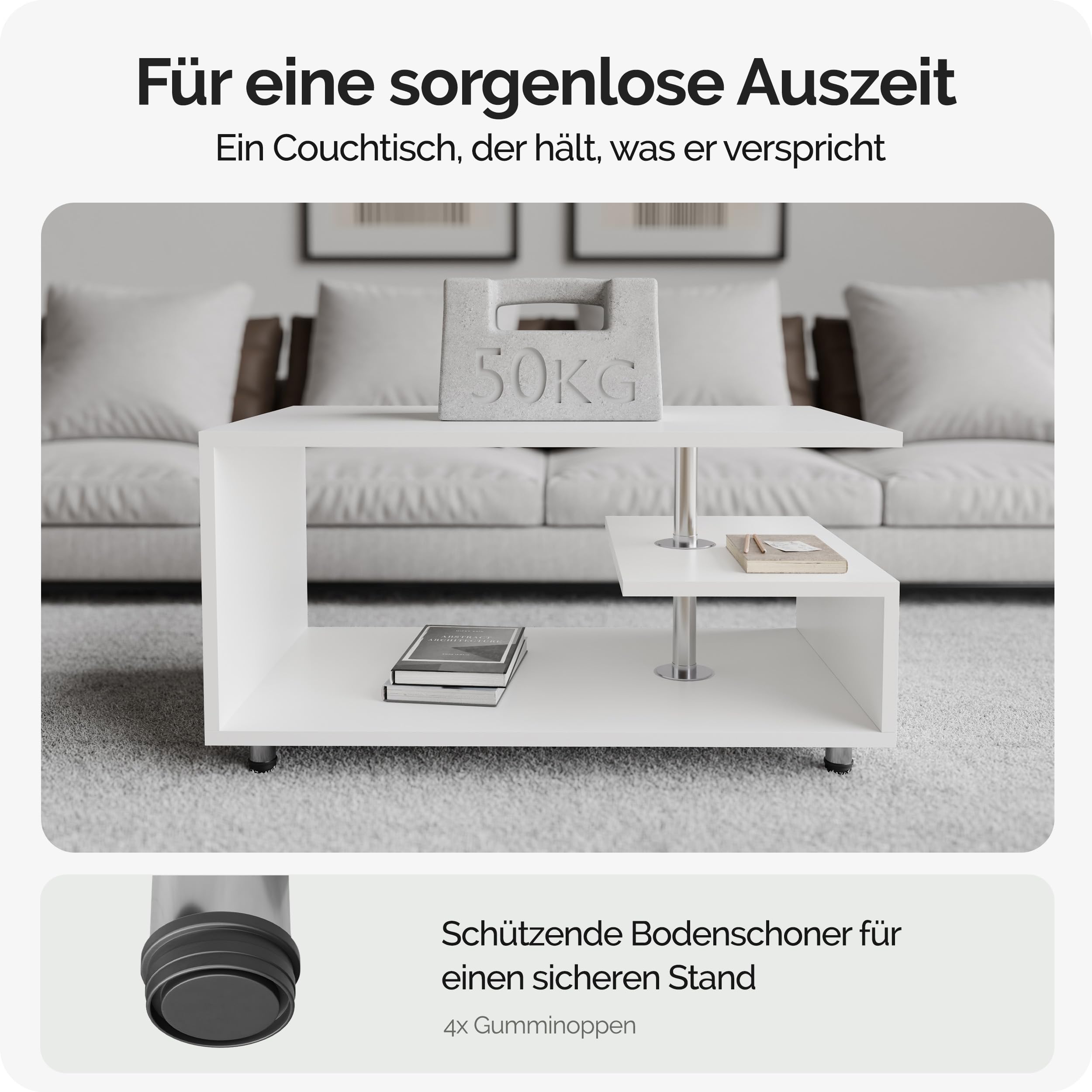 Casaria® Couchtisch Weiß Holz mit Stauraum 95x55cm Edelstahl Füße Höhenverstellbar Ablage Modern Rechteckig Beistelltisch Wohnzimmer Couch Sofa Tisch