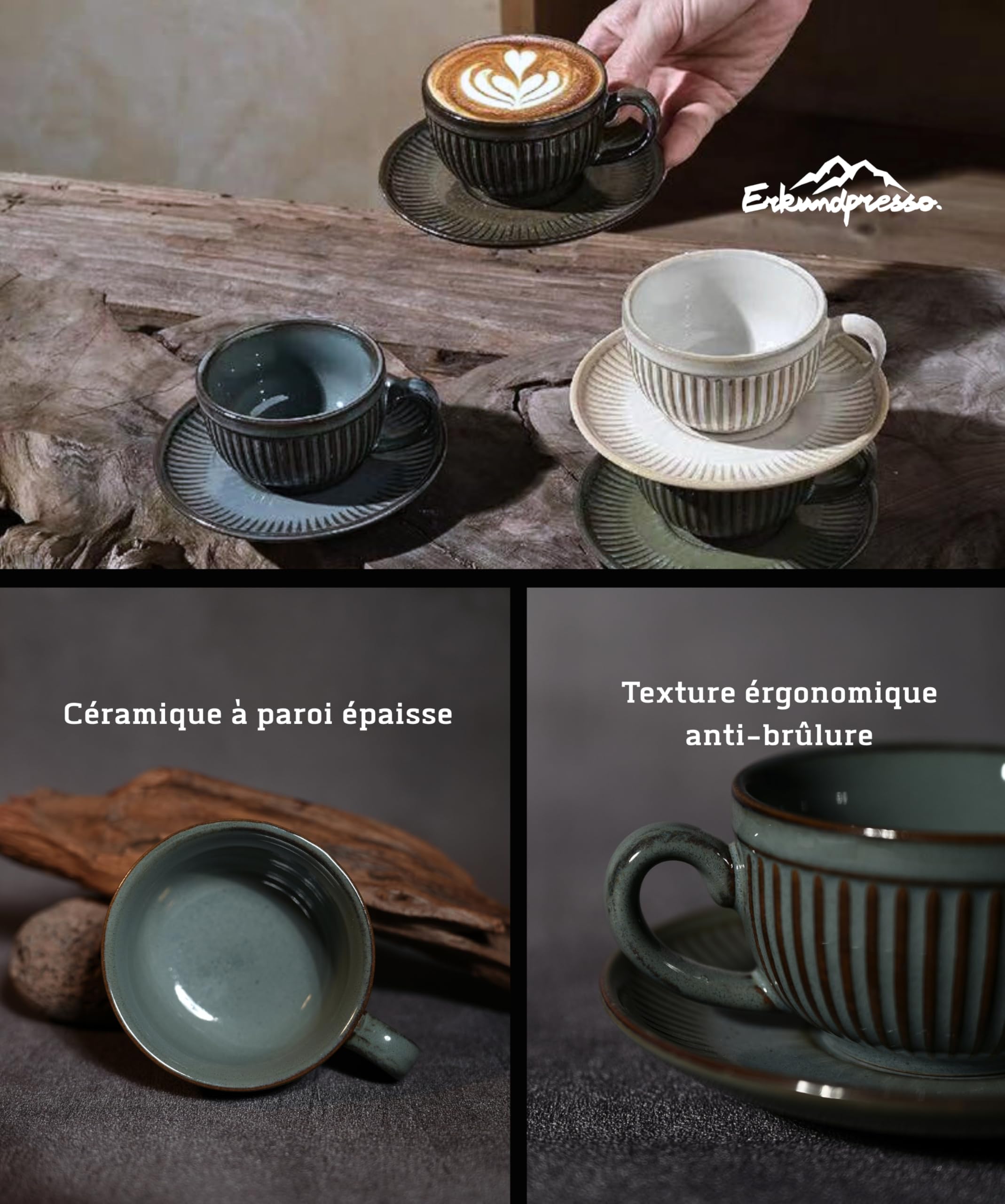 6 Tasses à Café Expresso avec Soucoupes-Tasses 100ml avec Anse - Motif Rayé - Couleurs Uniques de Kiln, Parois Épaisses, Coffret Luxe,Conserve la Chaleur, Idéale pour Café & Thé - Gris