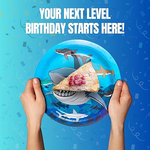 Miniatura 6 de Decoraciones de cumpleaños de tiburón  Sirve 25  Decoraciones de tiburón  Incluye 202 piezas  Suministros de fiesta de tiburón con plato de tiburón,