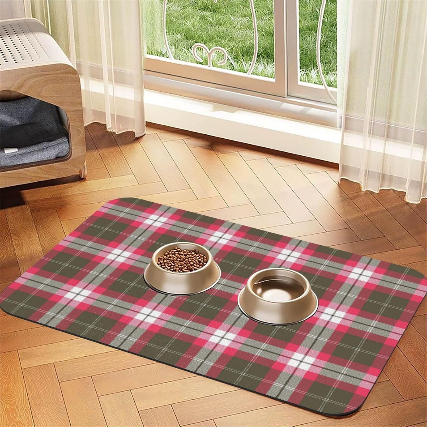 Pink and Gray Tartan Plaid Leather Absorbent Pet Feeding Mat Non-Slip for Dogs Cats 40x60cm