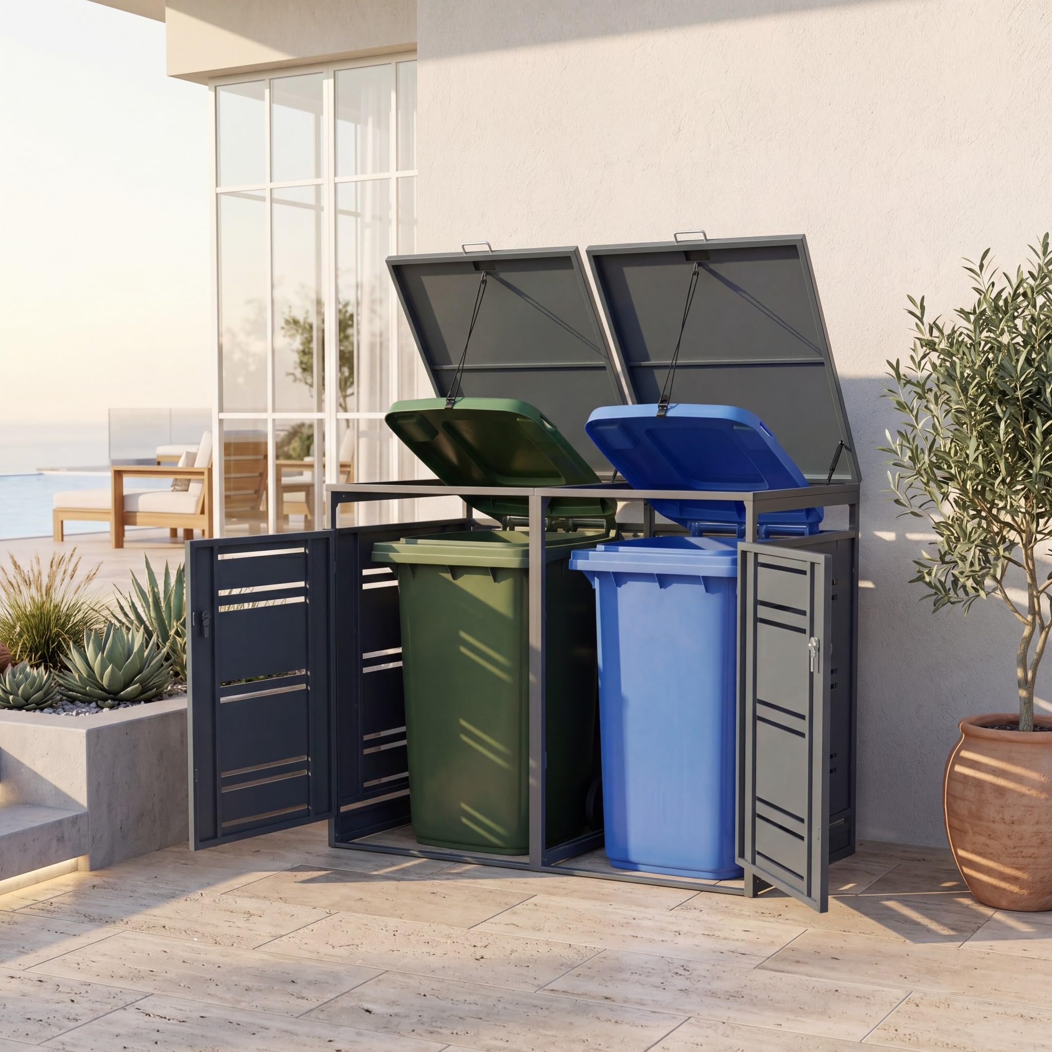 GYMAX Cache Poubelle Extérieur en Métal, Abri Double pour 2 Poubelles de 240 L, Porte Verrouillable, Couvercle Ouvrable, 132 x 80 x 117 cm, pour Jardin, Pelouse, Terrasse (Gris)