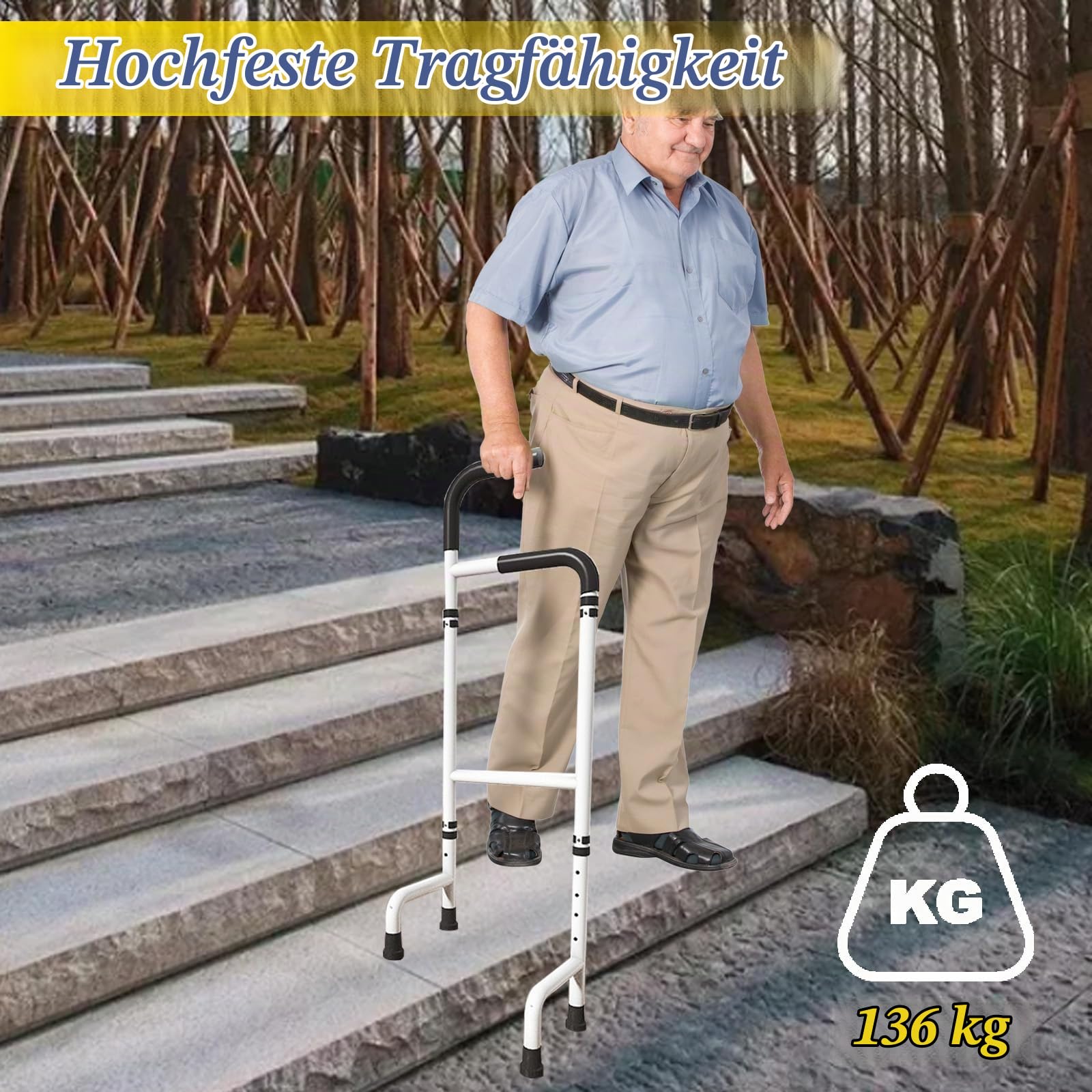 Treppensteighilfe aus Aluminium, Treppenhebehilfe Verstellbare Höhe 76 cm-117 cm, Stabiler Treppenstock, Höhenverstellbar Gehhilfe für Senioren Erwachsene, Tragfähigkeit 136 KG
