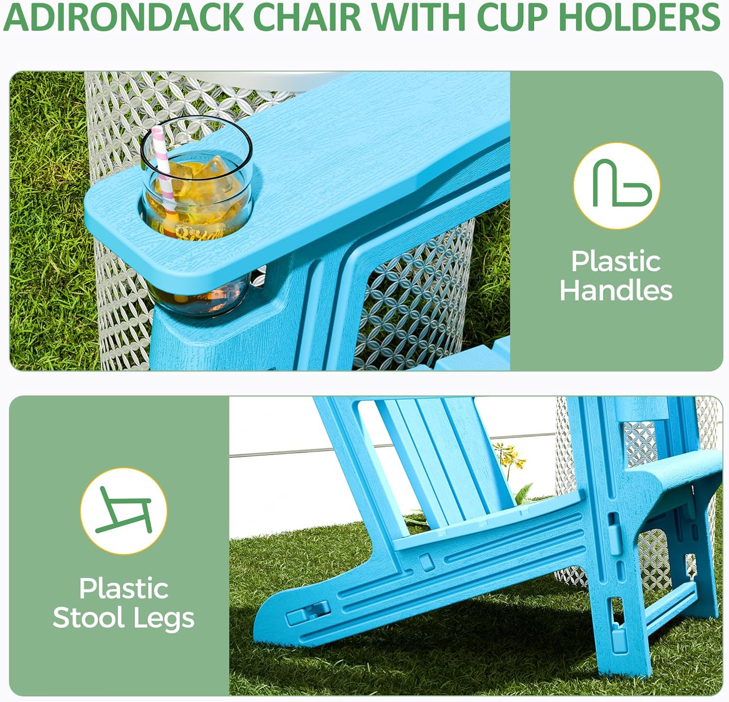 Adirondack Chair, Plastic Outdoor Patio Adirondack with Cup Holder, 400 LBS Capacity Recliner Chair Garden for Backyard Lawn Beach Sky Blue