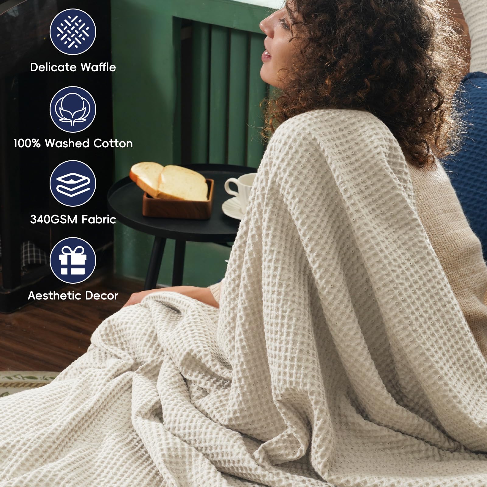 PHF 100% Cotton Waffle Weave Blanket Single Size 130 x 150cm, Pre-Washed Lightweight Breathable Throw Blanket - Image 3