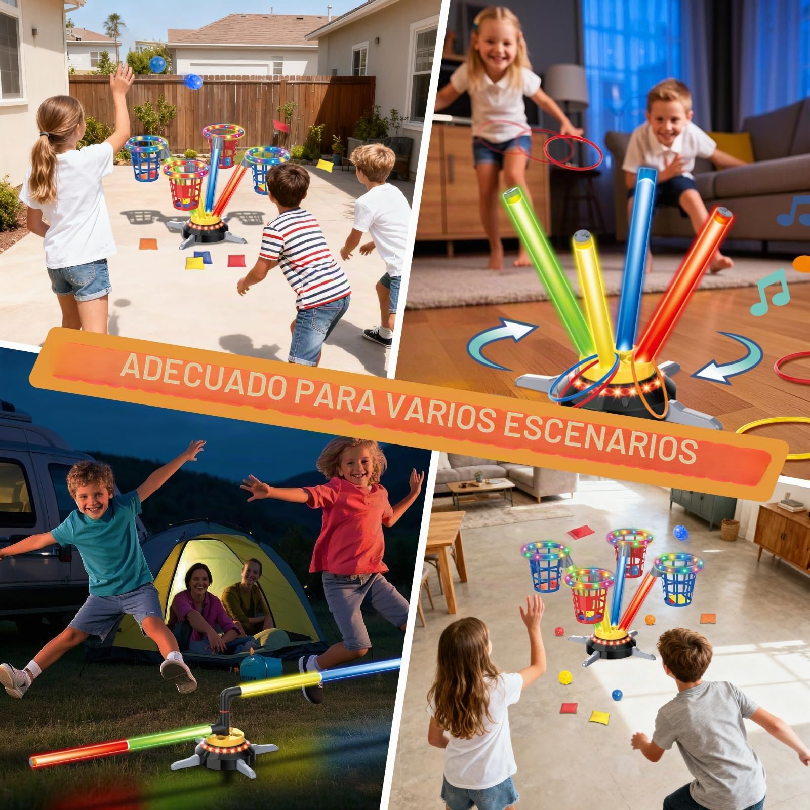 VATOS Juego de Lanzamiento 3 en 1 (Saco de Bolas y Aros), Salto Musical para Niños, Base Giratoria Eléctrica con Mando a Distancia, Luces, Juguete para Interior/Exterior y Jardín para Niño Niña 3+