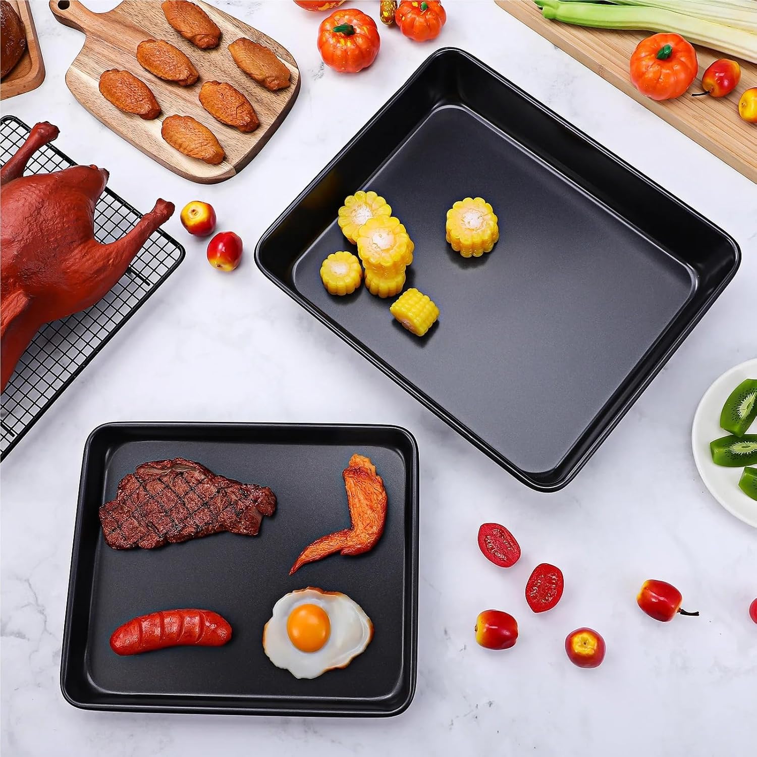 This 2-piece stainless steel non-stick baking pan set can be used for baking, suitable for baking cookies, cakes, and meat.