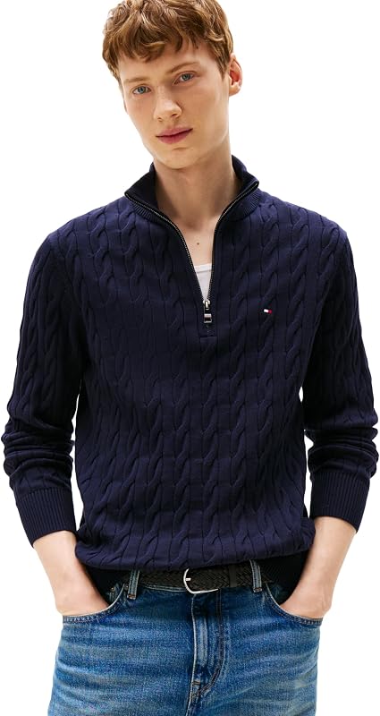 Men's Lightweight Cable Pullover Quarter Zip Sweater