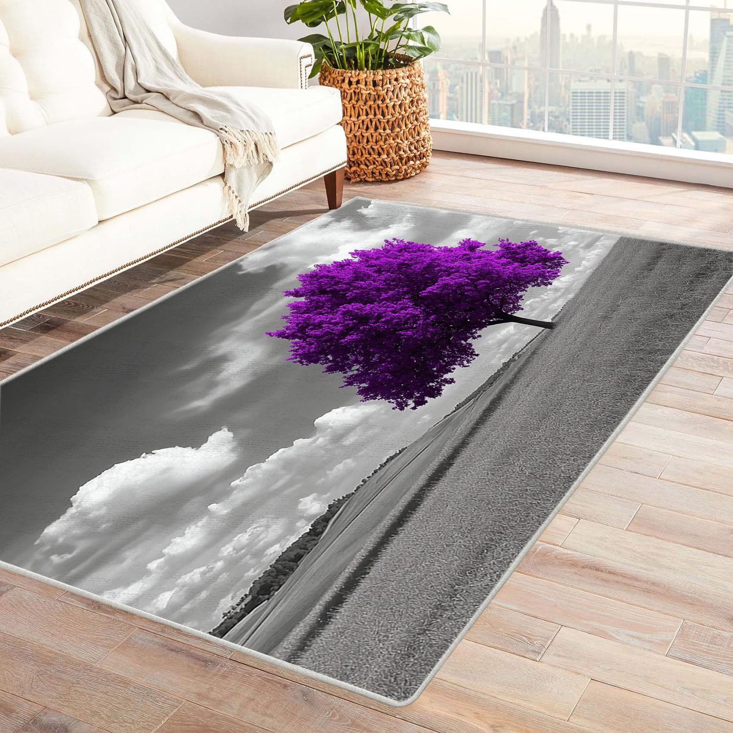 Tapis violet de salon grand imprimé arbre pour prairie bucolique chez soi