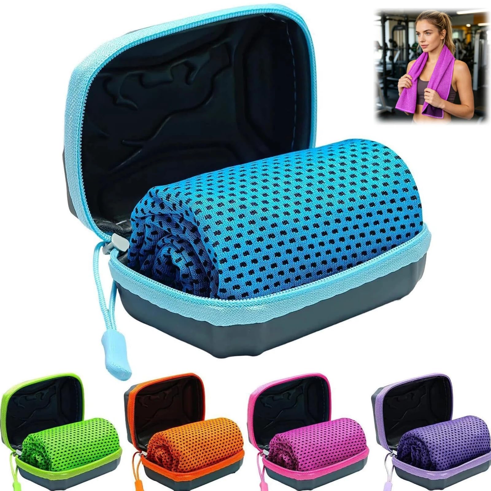 Cooling Towel with EVA Hard Case, Instant Ice Towel for Neck Face, Soft Breathable Gym Towel, Fast Drying Cooling Scarf for Workout, Hiking & Sports (A-9)