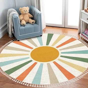 Round Rugs Colorful Rainbow Sun Boho Area Rug Linen and Cotton Carpet Meditation Rug Washable Runner Mat Accent Rug for Boys Girls Bedroom Living Room Bathroom Playroom Nursery Decor 3ft