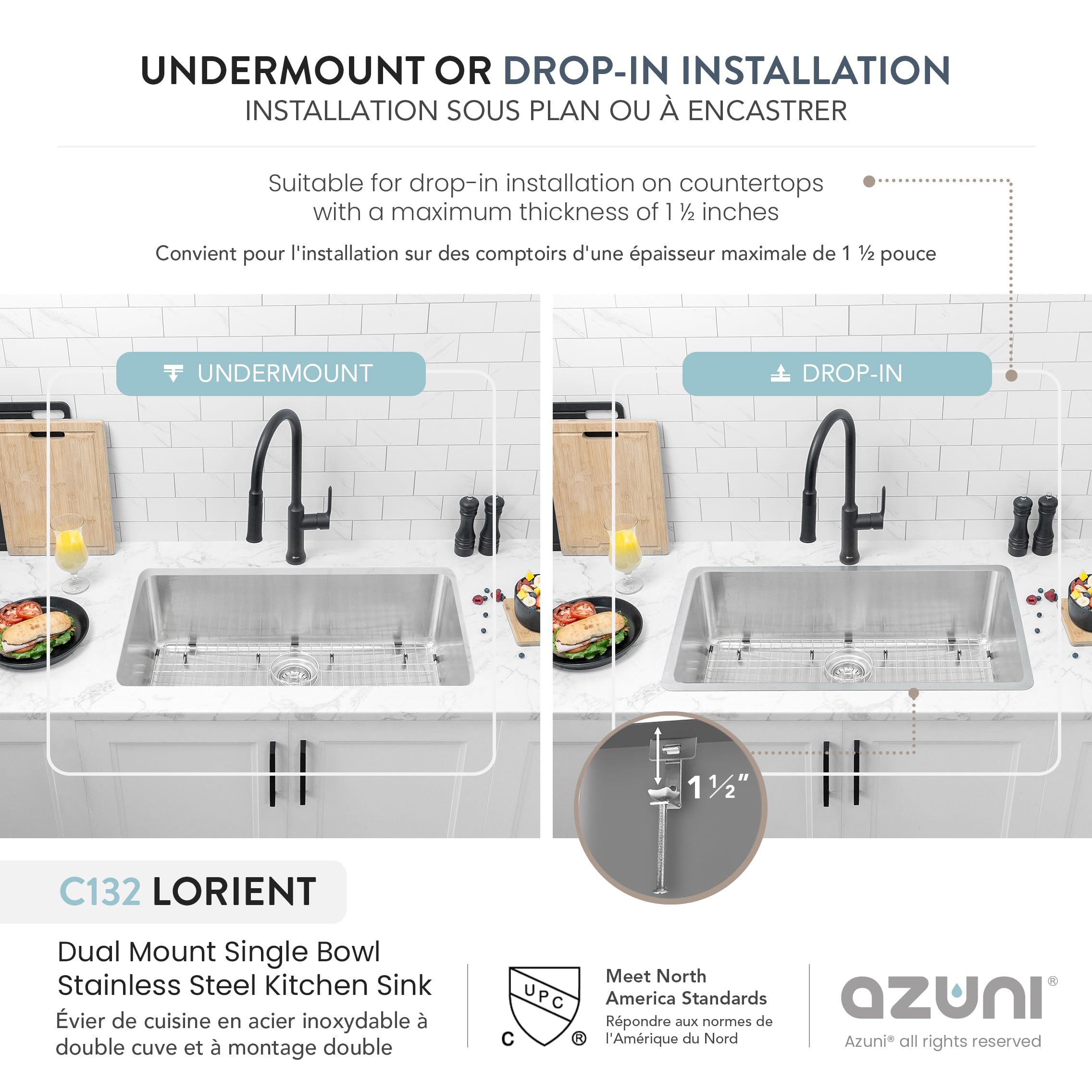 Azuni Lavello da cucina a vasca singola in acciaio inox, 81 cm, 16 G, lavello da cucina a goccia o sottopiano, con griglia inferiore, colino in metallo standard e stendibiancheria, C132