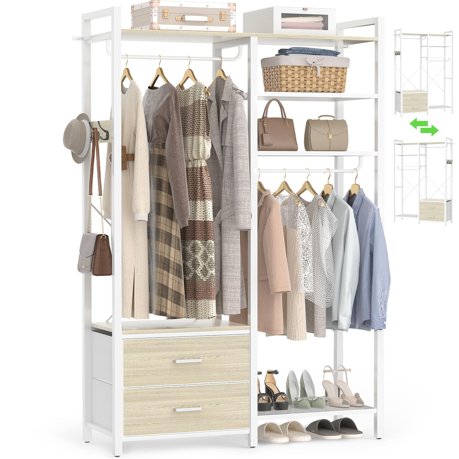 iSunirm Open Wardrobe with Drawers & Double Hanging Rails - 115cm Wide Industrial Clothes Rack with 2 Fabric Bins, Shoe Storage & Reversible Shelves - Heavy Duty Garment Rack for Bedroom or Hallway