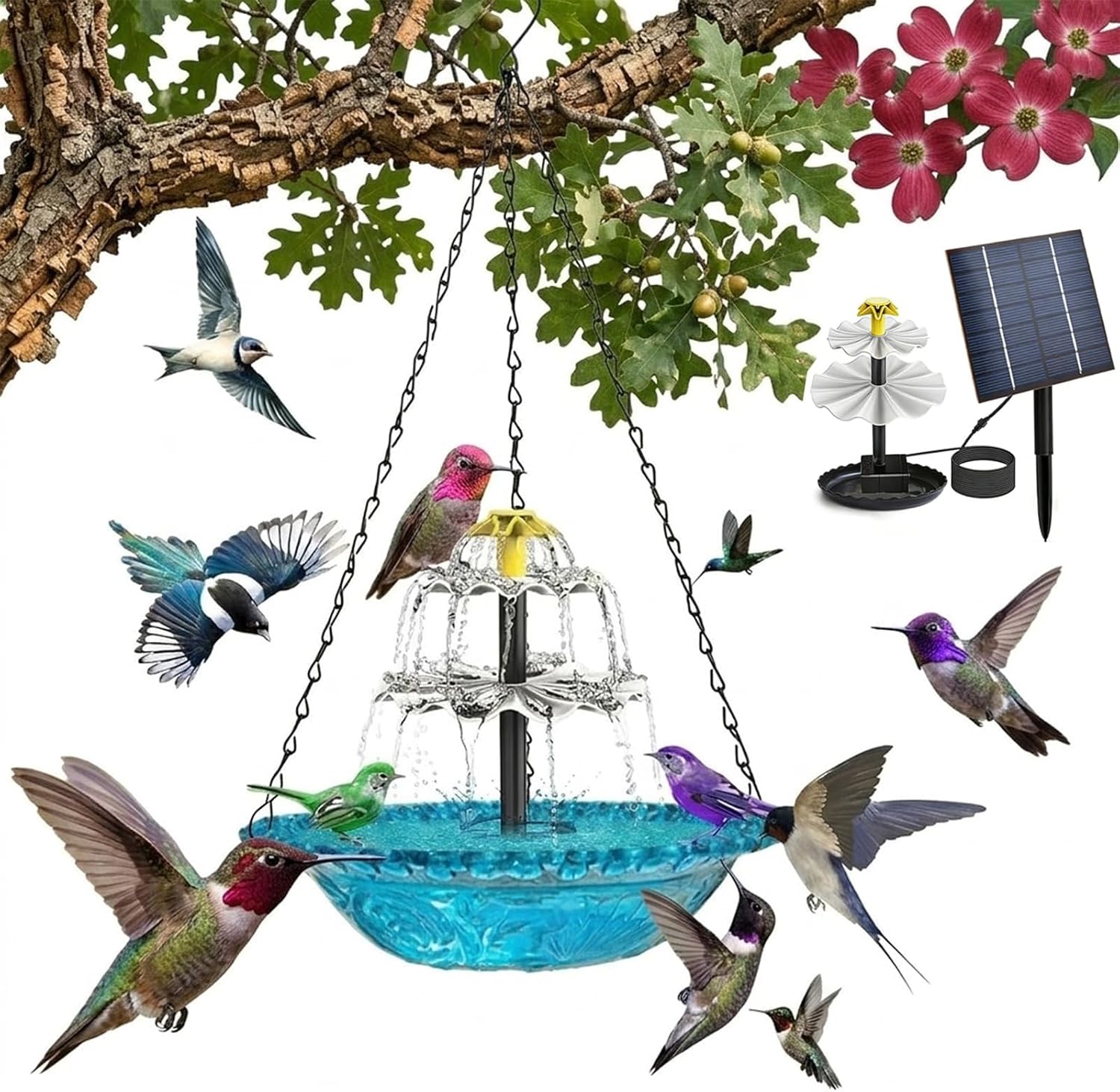 2026 Solar Cascade Hanging Bird Bath Fountain 3 Layers Outdoor Water Feature for Hummingbirds Easy C, Hanging Solar Bird Bath Fountain, Cascade Hanging Bird Bath Fountain (Blue)