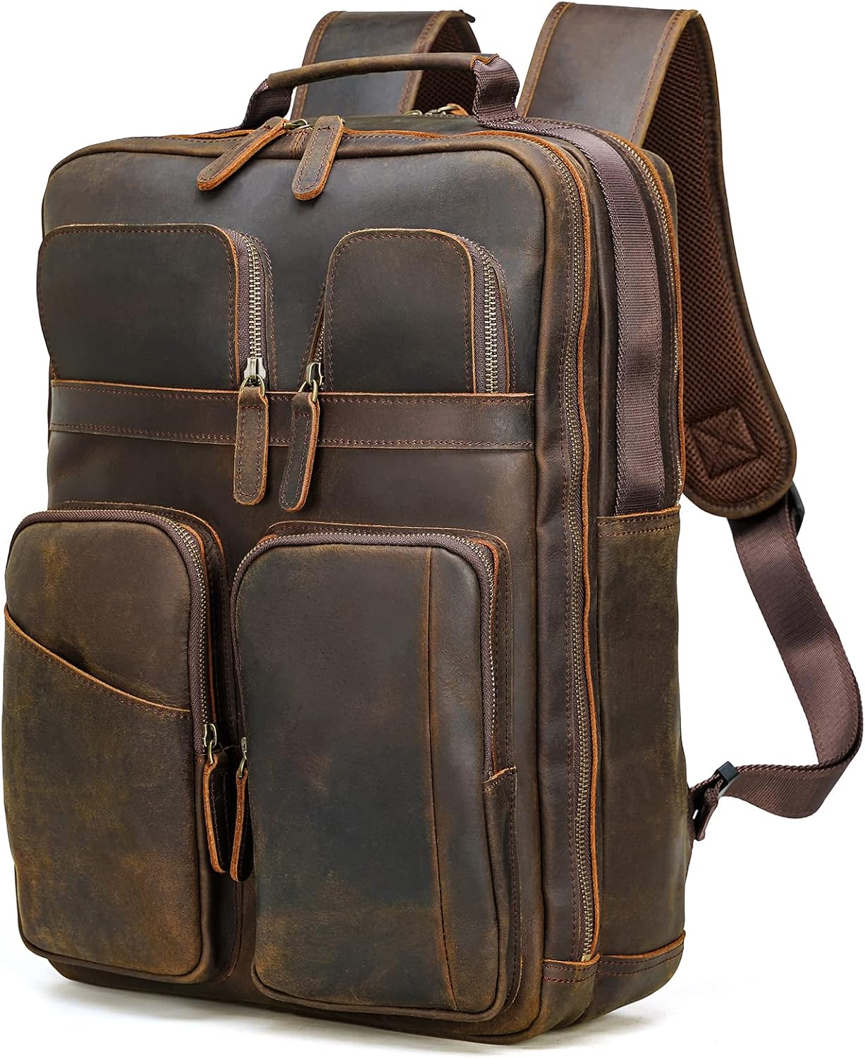 Full Grain Leather Backpack for Men, 17.3 Inch Travel Laptop Backpack Multi Pockets DayPack Rucksack With YKK Zippers