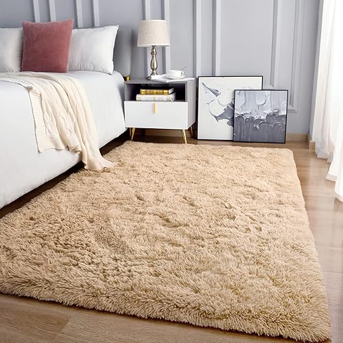 Keeko Alfombra de área esponjosa de color gris oscuro, de 5.3 x 7.5 pies, bonita alfombra de pelo largo para dormitorio, alfombras peludas de pelo