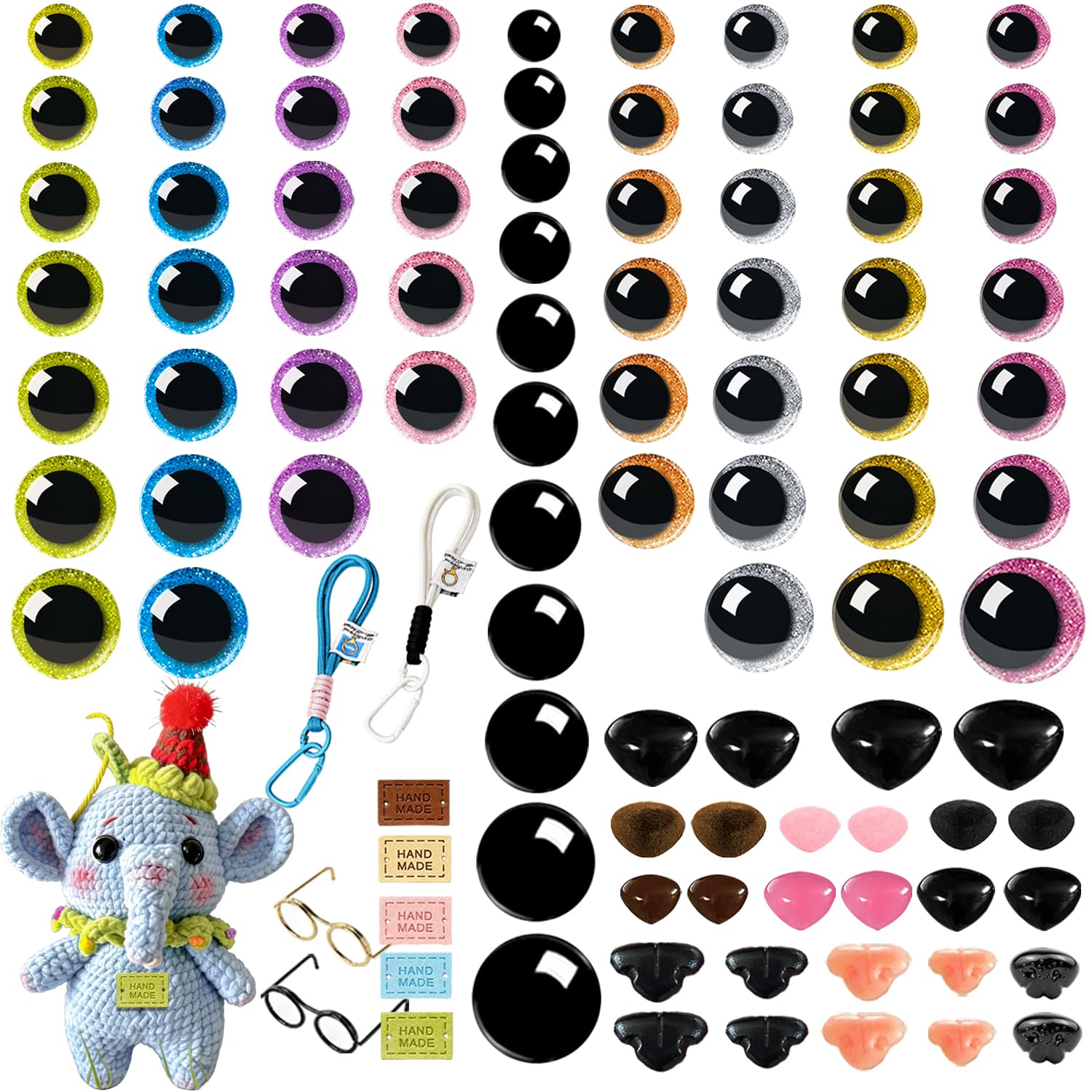 419 piezas de 8 colores de 10 a 35 mm, ojos y narices de amigurumi, 3 estilos, ojos de ganchillo brillantes, ojos de seguridad negros, ojos de seguridad para ganchillo, kit con etiquetas de