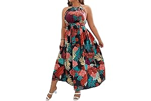 Women's Plus Size Boho Sleeveless Halter Neck Tie Back A Line Long...