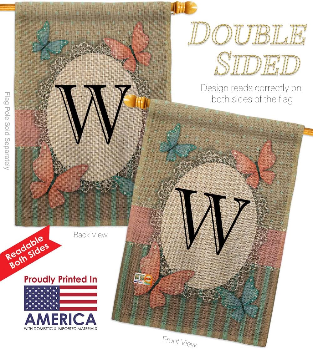 Butterflies W Initial Burlap House Flag Monogram Garden Friends Butterfly Ladybugs Dragonfly Bee Springtime Insect Natural Wildlife Small Decorative Gift Yard Banner Double-Sided Made In USA 28 X 40
