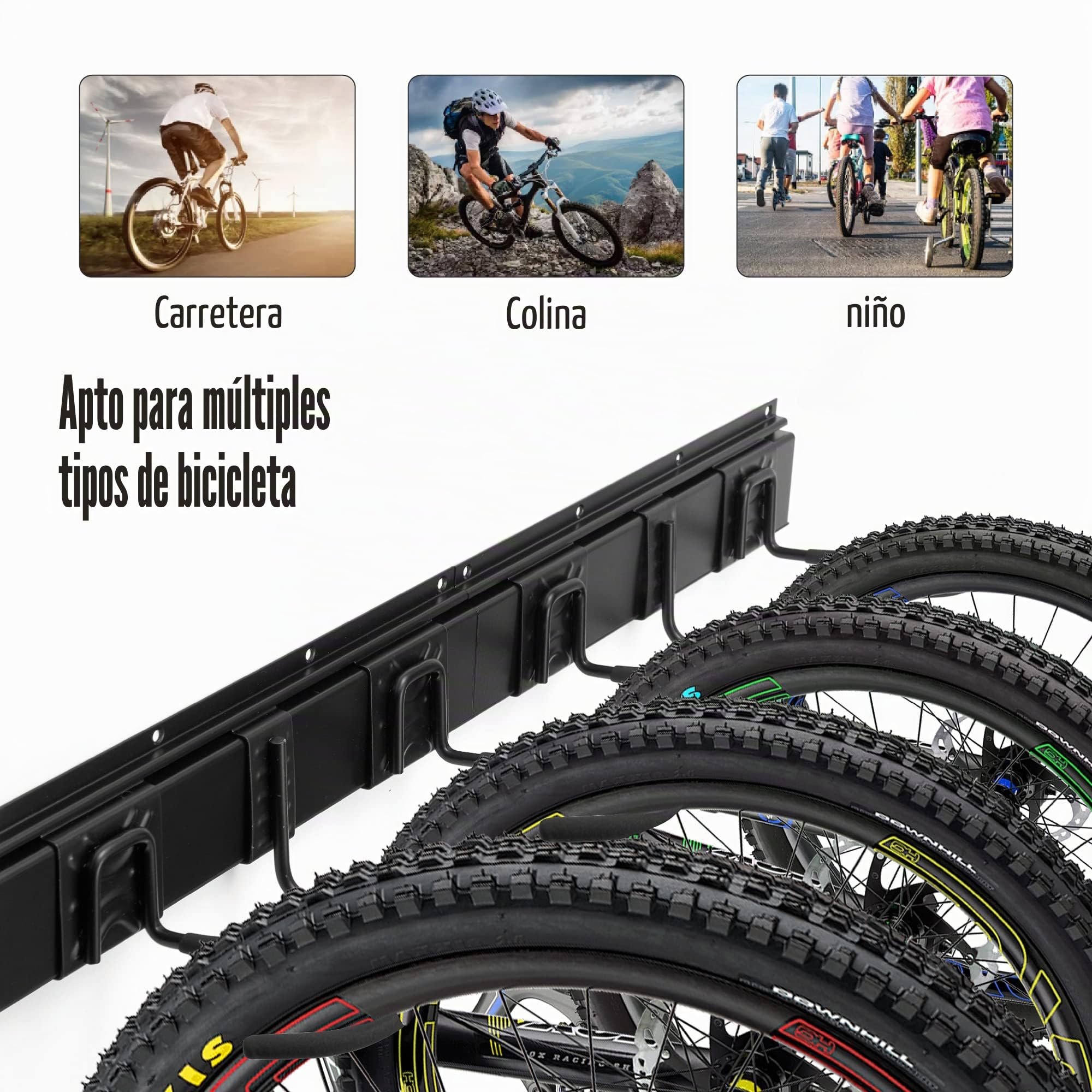 Sinoer Soporte de pared para bicicletas, soporte mural para 4 bicicletas + 2 cascos, colgador de pared resistente para bicicletas, gancho de acero macizo, 2 raíles de 16 pulgadas